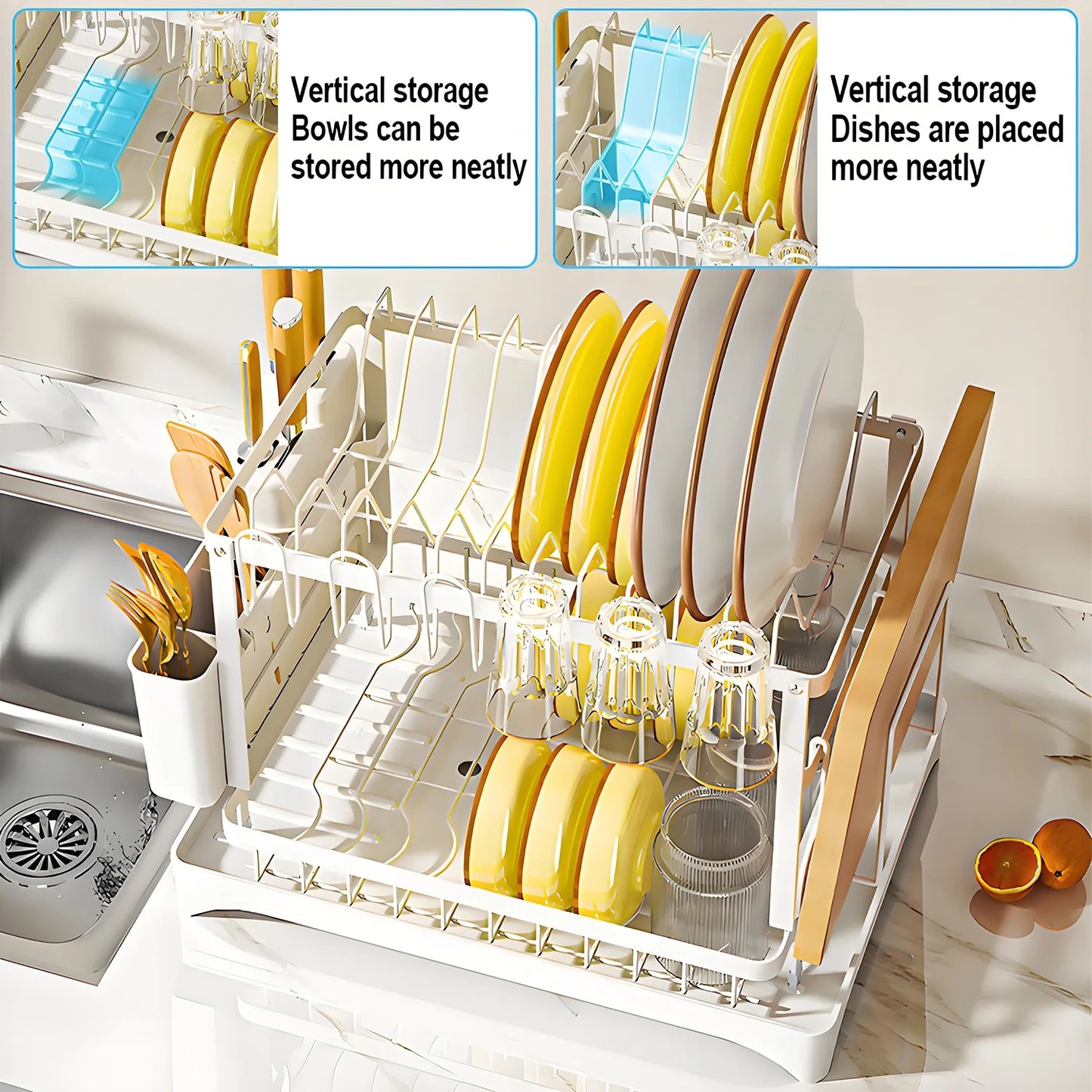 2-Tier Stainless Steel Foldable Dish Racks ,16.5*11.8*11.4In, White