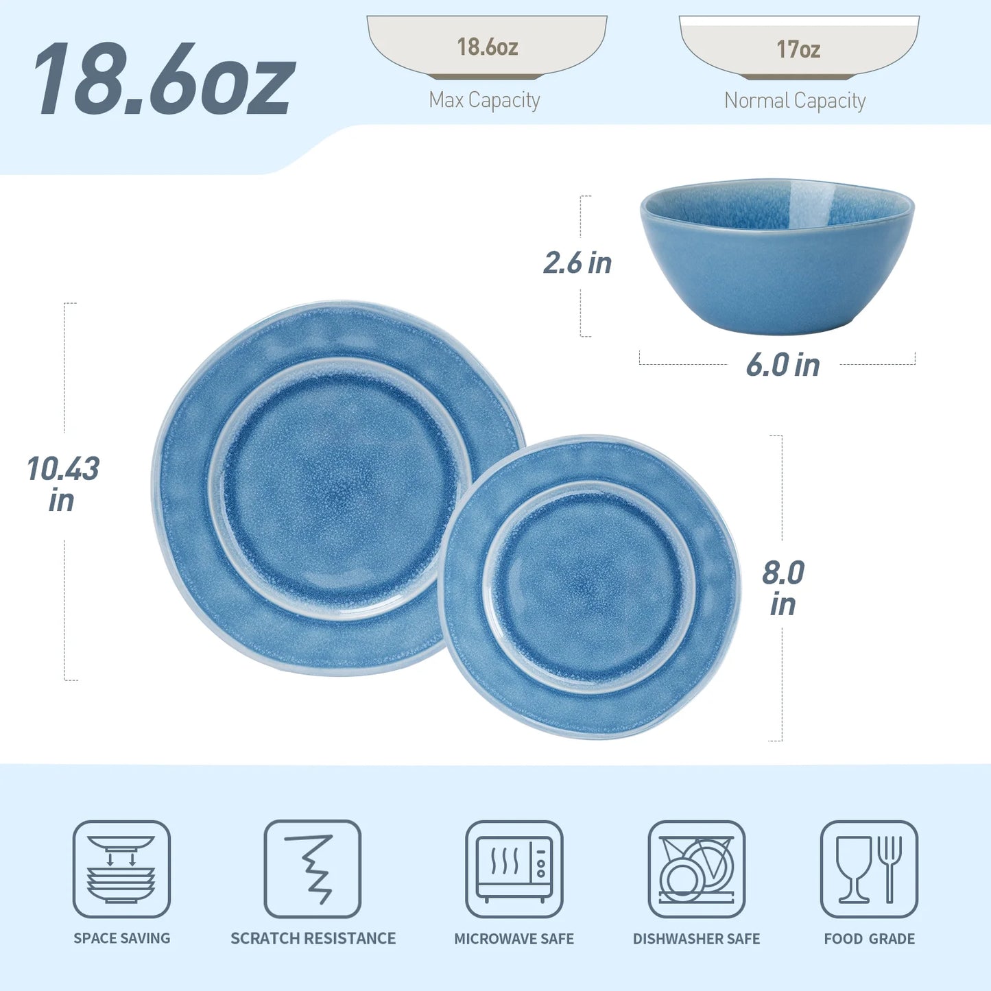 Aurora 12 Piece Dinnerware Set, Stoneware Plates and Bowls Set, Service for 4, Lagoon Blue