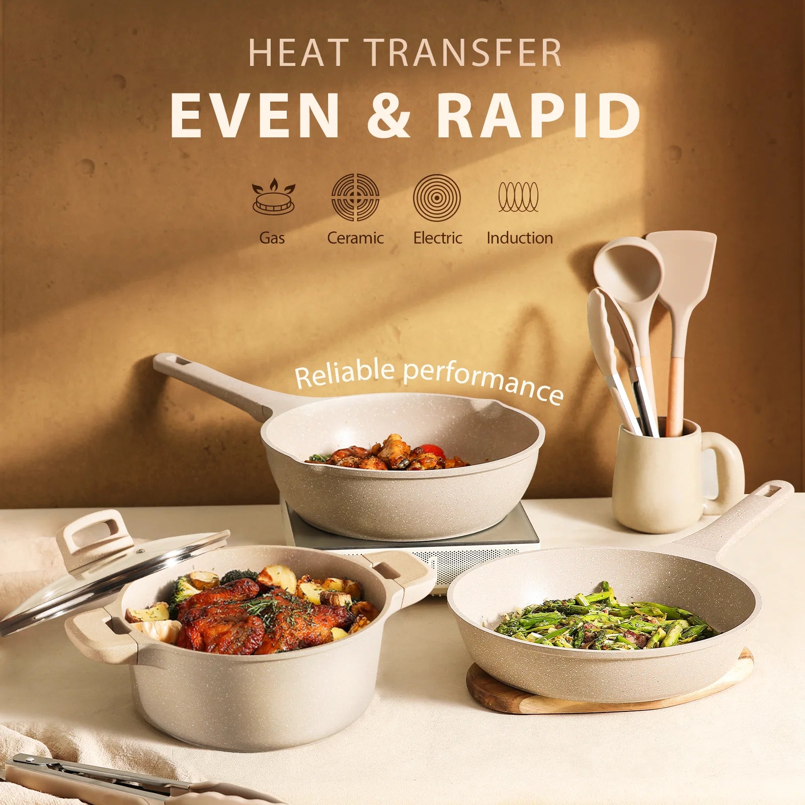 Nonstick Cookware Set 13-Piece,Kitchen Pots and Pans Set,Stay-Cool Handles,Induction Compatible,Cookware Set for RV and Camping,Taupe