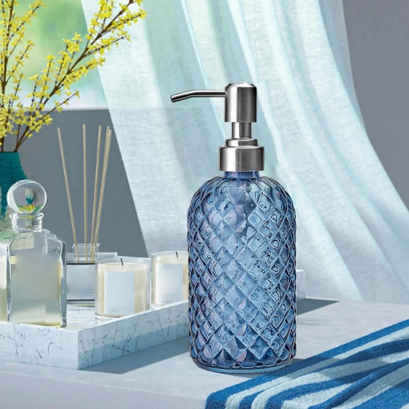 Glass Pump Soap Dispenser Bottle Body Wash Dispenser Durable Hand Soap Dispenser Lotion Dispensers for Kitchen Laundry Hotel Blue