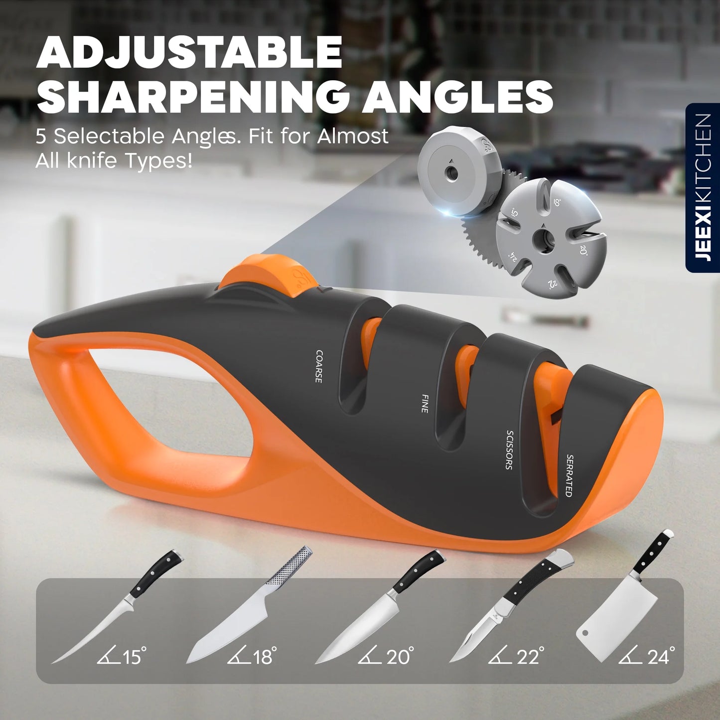 Adjustable 3-Stages Knife Sharpener – 5 Angle Manual Sharpener for Kitchen, Chef, Hunting, Fillet, Pocket, Cleaver & Serrated Knives – Ergonomic Handle, Scissor Slot, Coarse & Fine Stages