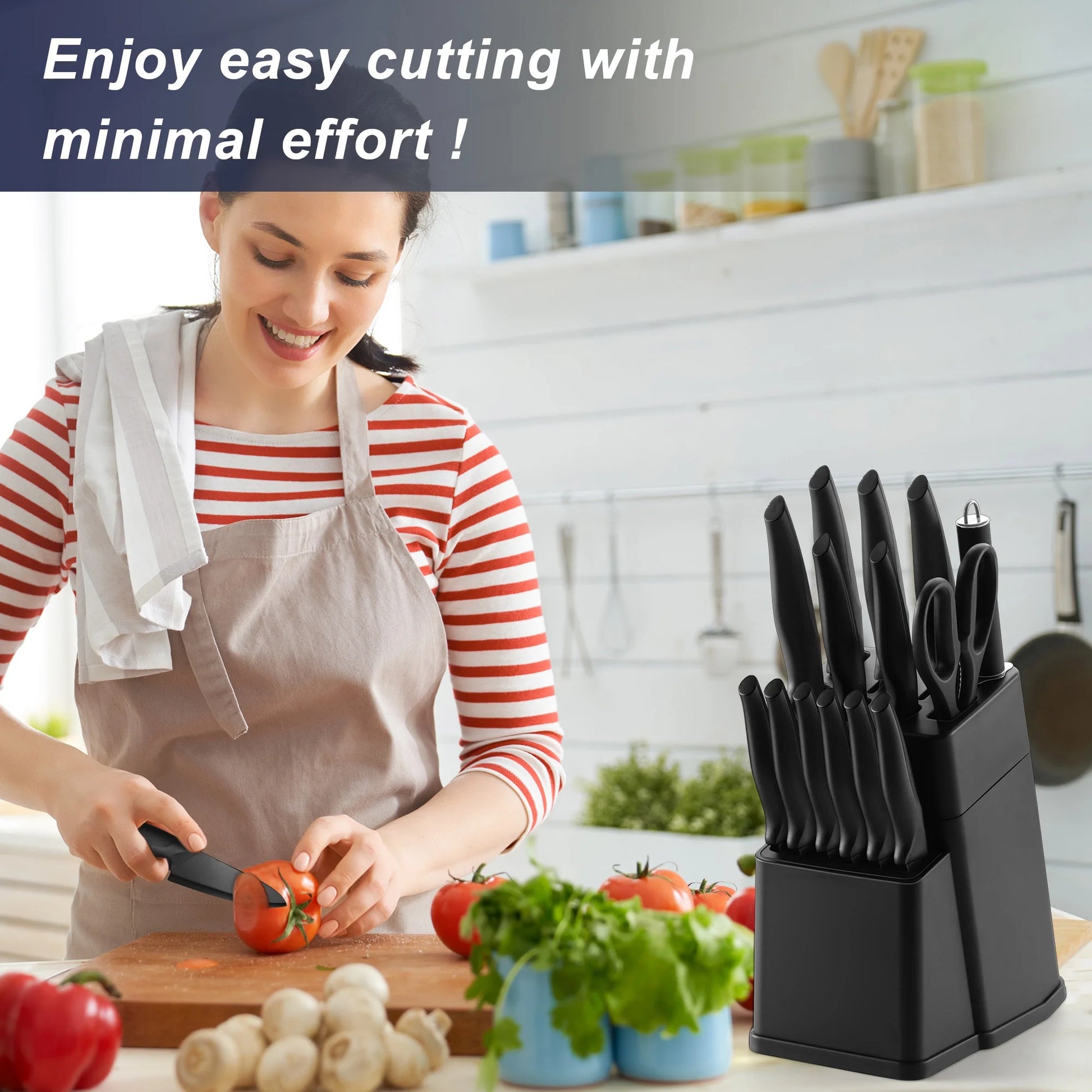 15-Piece High Carbon Stainless Steel Kitchen Knife Set with Self-Sharpening Block - Black