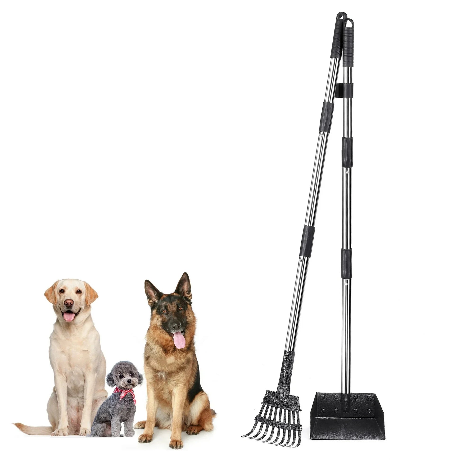 38-Inch Long Handle Poop Scooper -  2-Piece Metal Waste Collection Set with Rake and Tray for Effortless Yard Cleanup