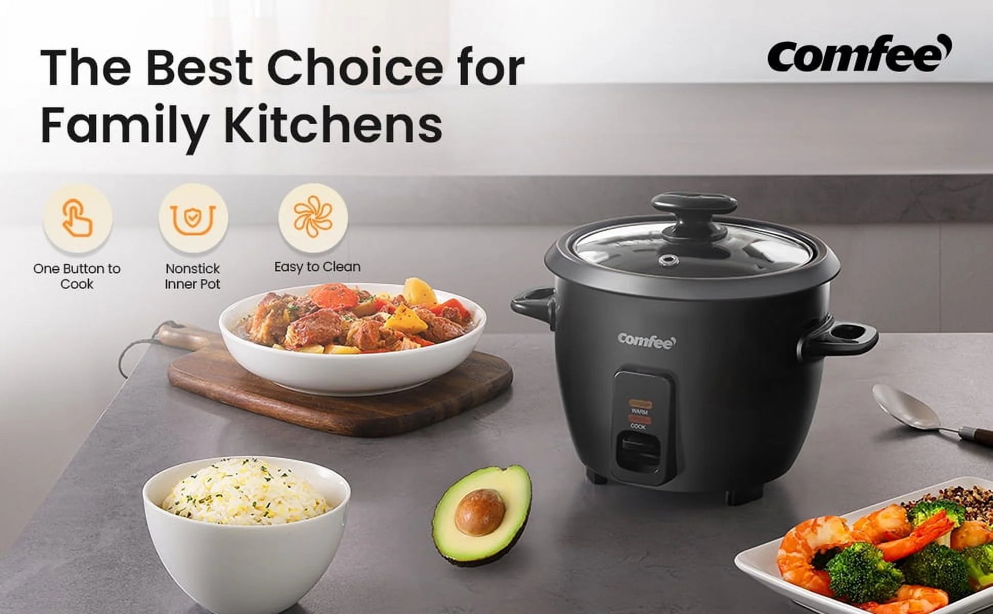 Rice Cooker, 6-Cup Cooked, Removable Non-Stick Bowl, for Soups, Stews, Grains & Oatmeal, One Touch, Black