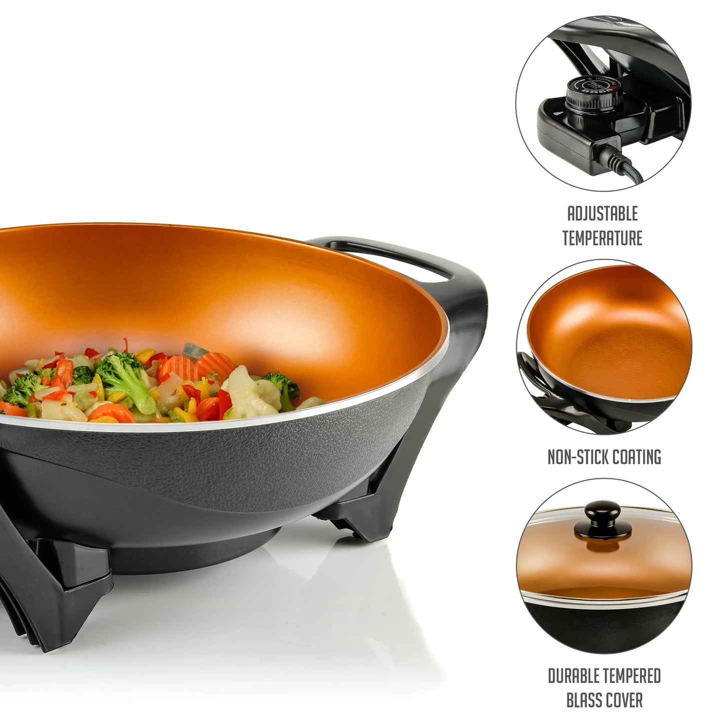 13 Inch Electric Wok, Nonstick Coating Skillet, Tempered Glass Lid, Copper SK3113CO