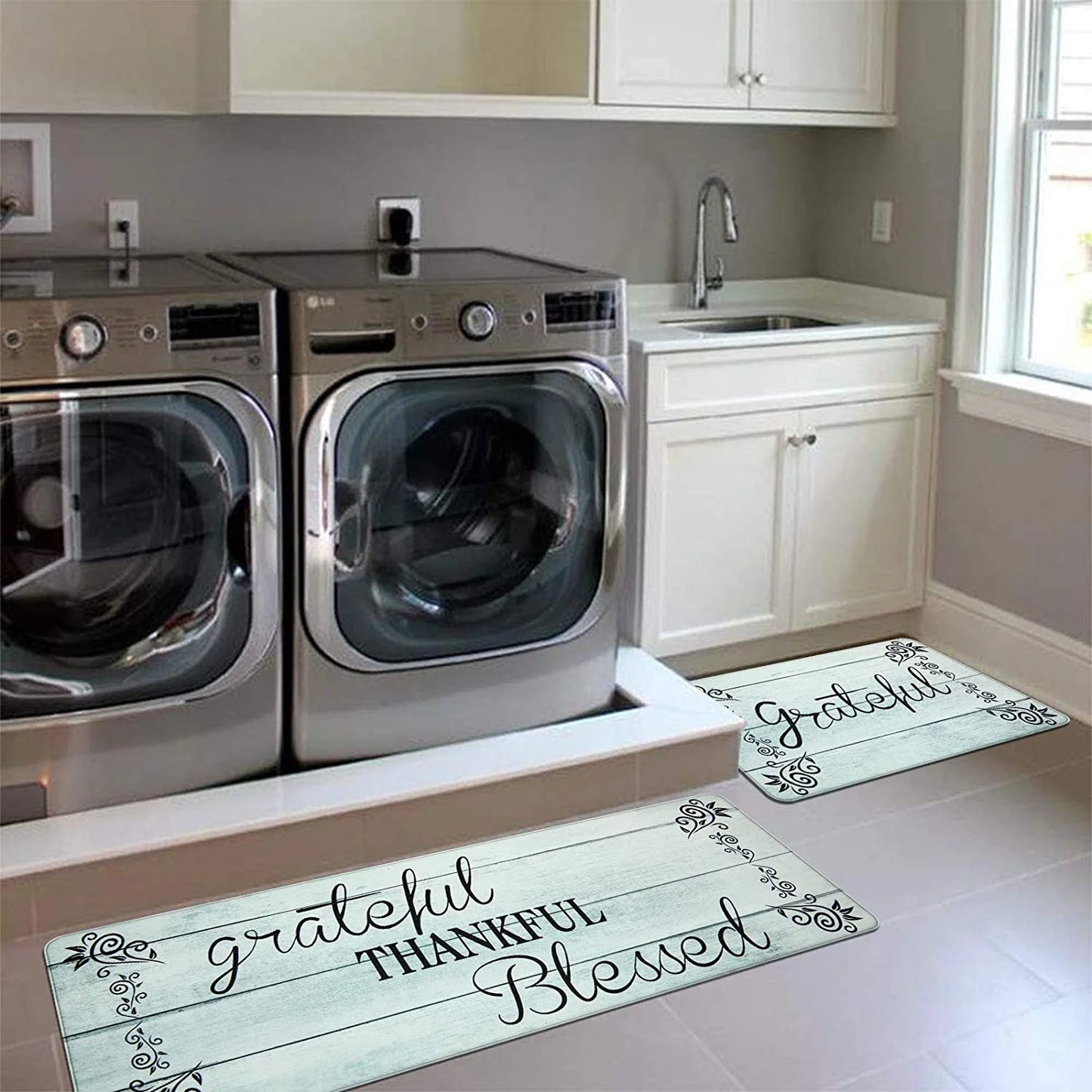 2-Piece Kitchen Rug Set, Non-Slip Anti-Fatigue Mats, Waterproof Ergonomic Comfort Cushioned Floor Runners, Blue, 18" x 30" and 18" x 47" for Home, Office, Sink, and Laundry