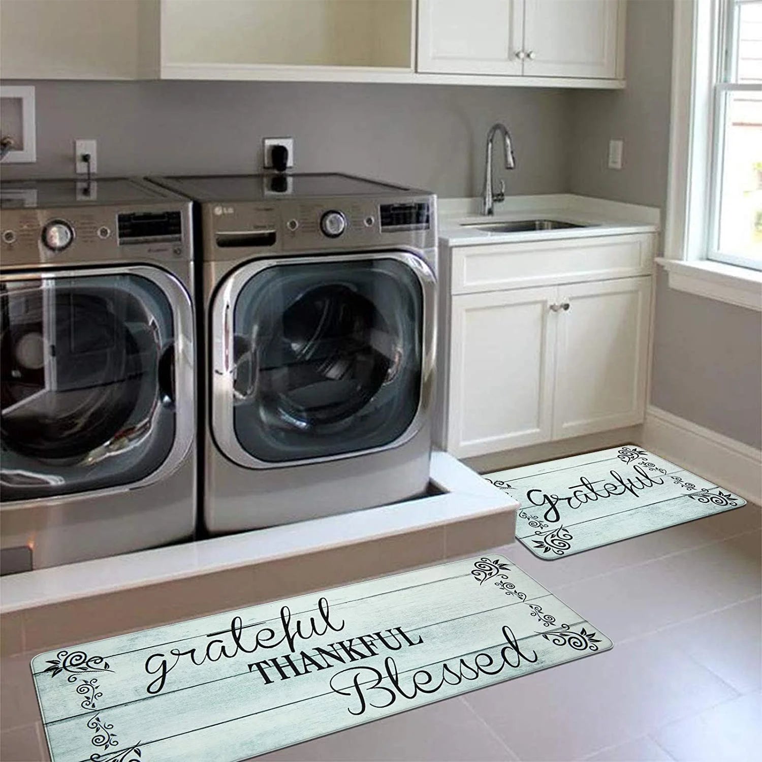 2-Piece Kitchen Rug Set, Non-Slip Anti-Fatigue Mats, Waterproof Ergonomic Comfort Cushioned Floor Runners, Blue, 18" x 30" and 18" x 47" for Home, Office, Sink, and Laundry