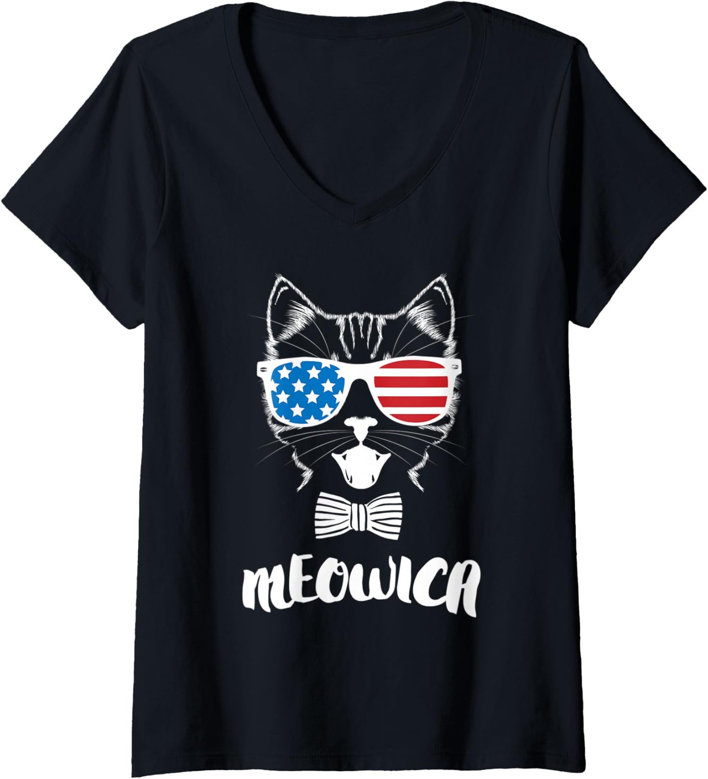 4Th of July Meowica Cute Cool Kitty Funny Cat Ladies' V-Neck Tshirt