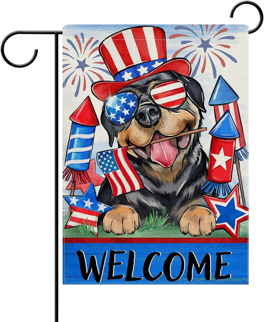 Welcome 4Th of July Rottweiler Dog Patriotic Decorative Garden Flag, America Pet