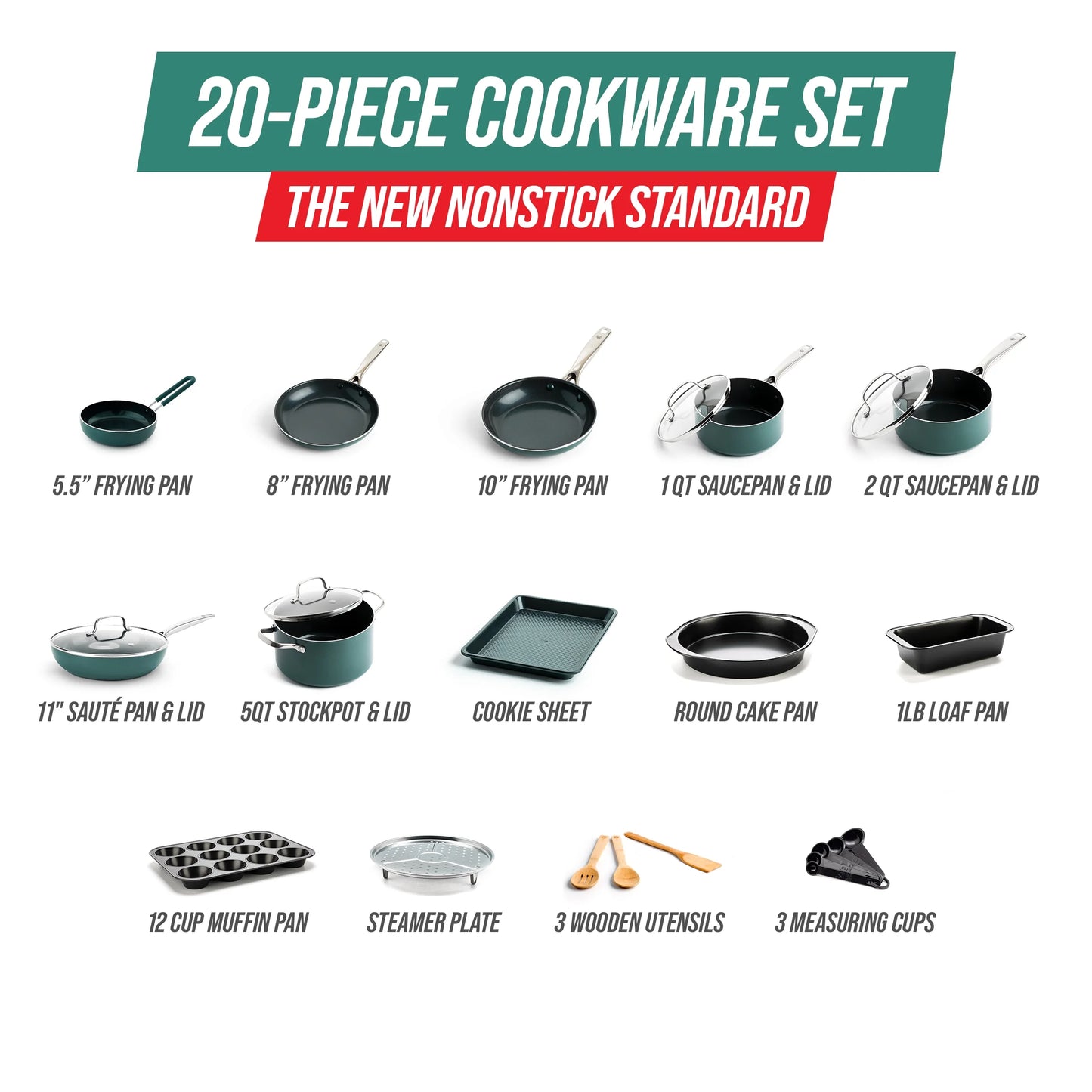 20-Piece Ceramic Nonstick Cookware Set - Toxin-Free, Dishwasher and Oven Safe, Green