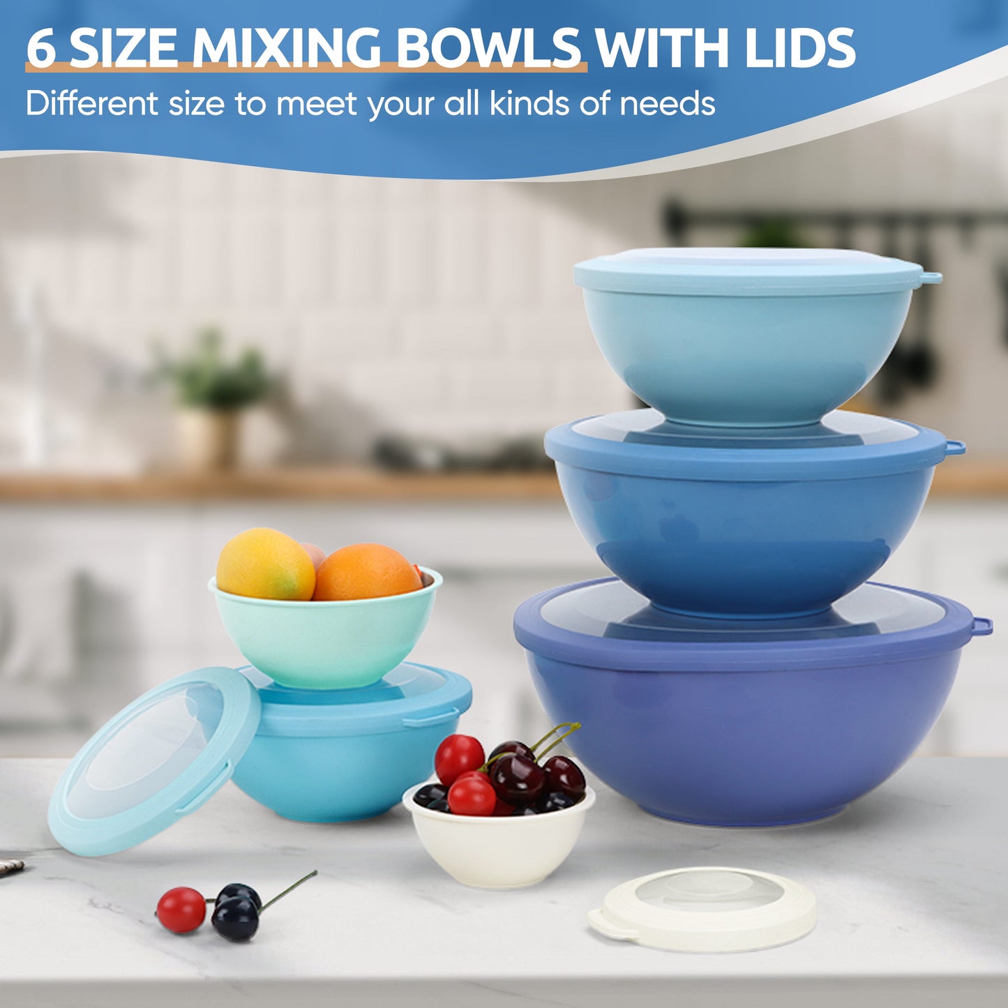 Mixing Bowls with Airtight Lids Set of 6, Plastic Nesting Bowls Prep Bowls for Mixing, Serving, Kitchen Preparing, Storage, Microwave & Freezer Safe