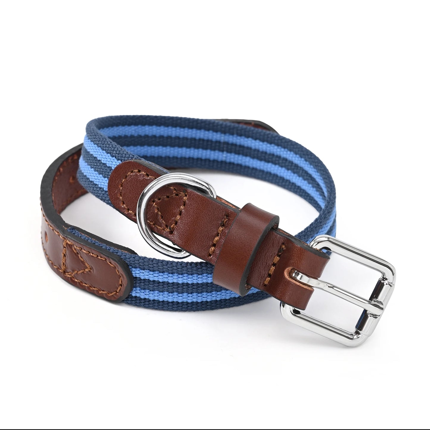 | Genuine Leather Dog Collar | Heavy Duty Canvas Dog Collars with Adjustable Rust-Proof Metal Pin Buckle | Boy Dog Collars for Small Dogs(Blue)