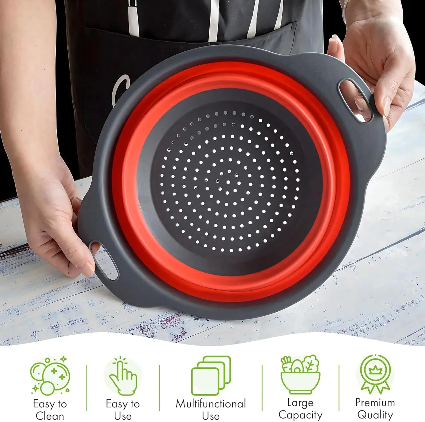 Collapsible Silicone Colander Set - 3-Piece Round Kitchen Strainer Set (2 x 4 Quart, 1 x 2 Quart) - Ideal for Draining Pasta, Vegetables, and Fruits (Green, Blue, Purple)