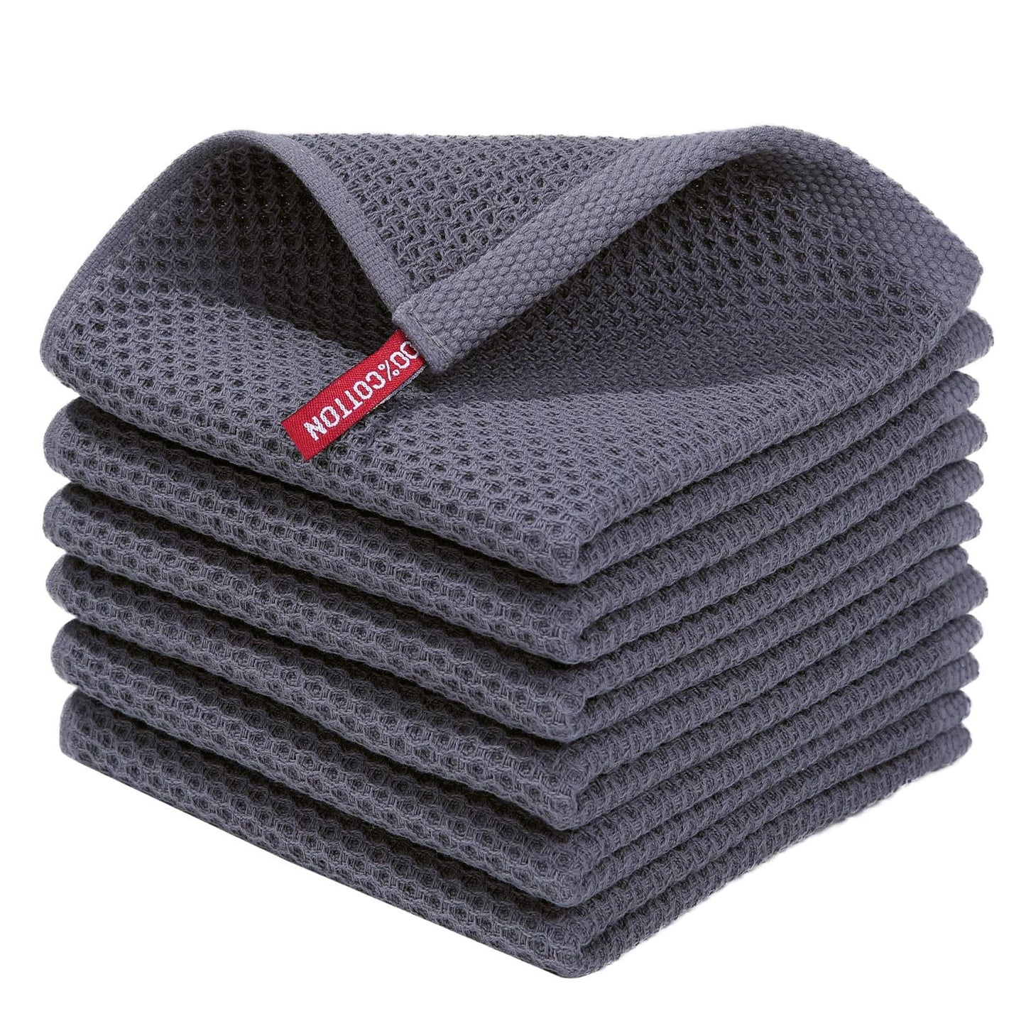 Premium 100% Cotton Waffle Weave Kitchen Dish Cloths, Ultra Soft and Highly Absorbent Quick Drying Towels, 12x12 Inches, Set of 6, Dark Grey
