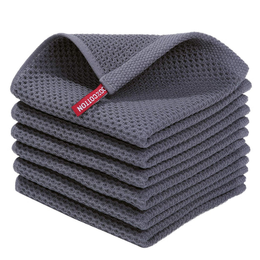 Premium 100% Cotton Waffle Weave Kitchen Dish Cloths, Ultra Soft and Highly Absorbent Quick Drying Towels, 12x12 Inches, Set of 6, Dark Grey