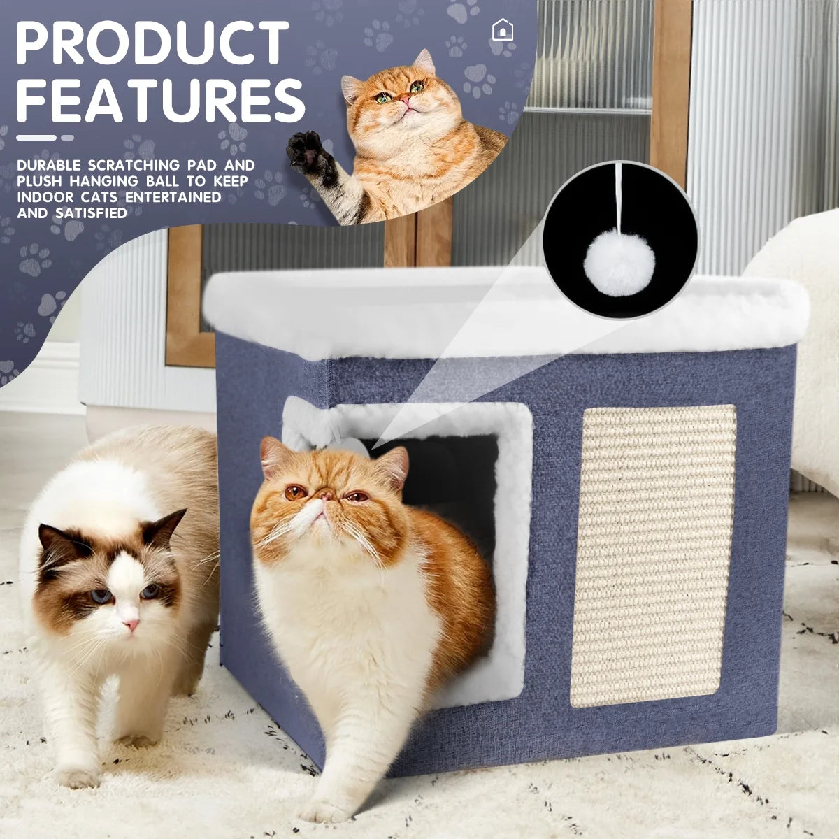 Indoor Pet Bed for Cats - Foldable Covered Kennel with Scratching Board, Ideal for Small Pets, Dark Blue