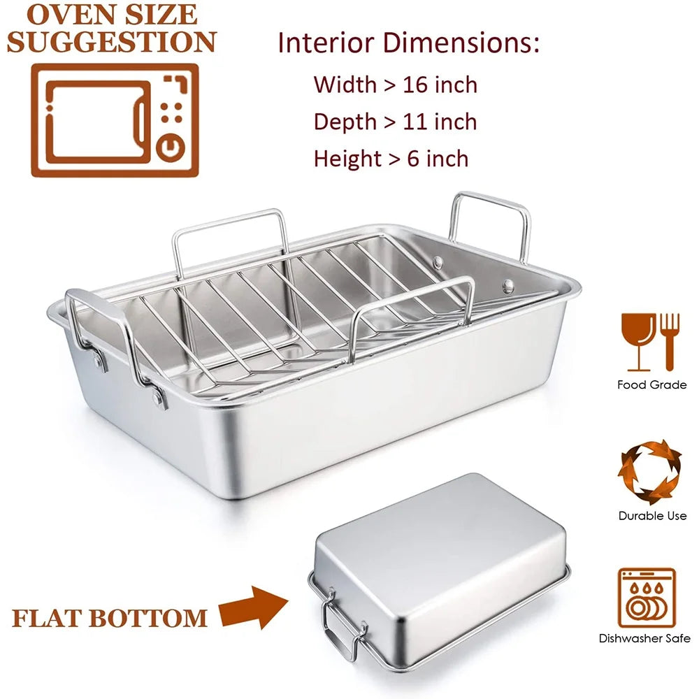 Roasting Pan,  14 Inch Stainless Steel Turkey Roaster with Rack, Include Deep Lasagna Pan & V-Shaped Rack & Roasting Rack, Non-Toxic & Heavy Duty, Dishwasher Safe