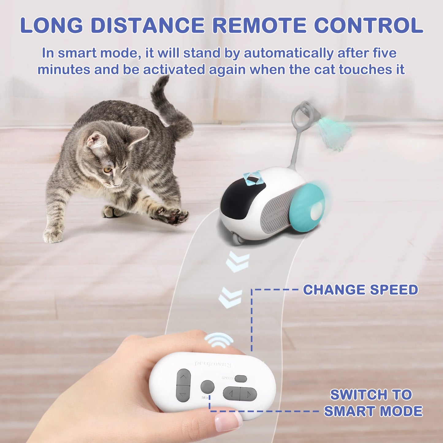Smart Interactive Cat Toy for Indoor Use - Rechargeable Remote-Controlled Automatic Movement with Feathers, Blue, 2-Speed Settings
