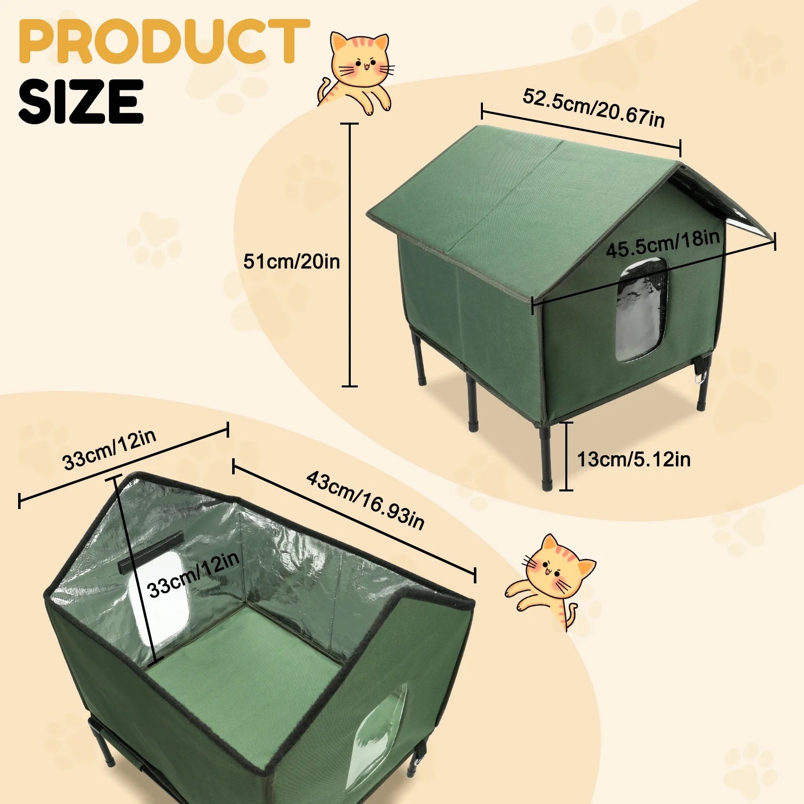 Insulated Outdoor Cat House with Escape Door - Weatherproof Shelter for Small Cats, Green