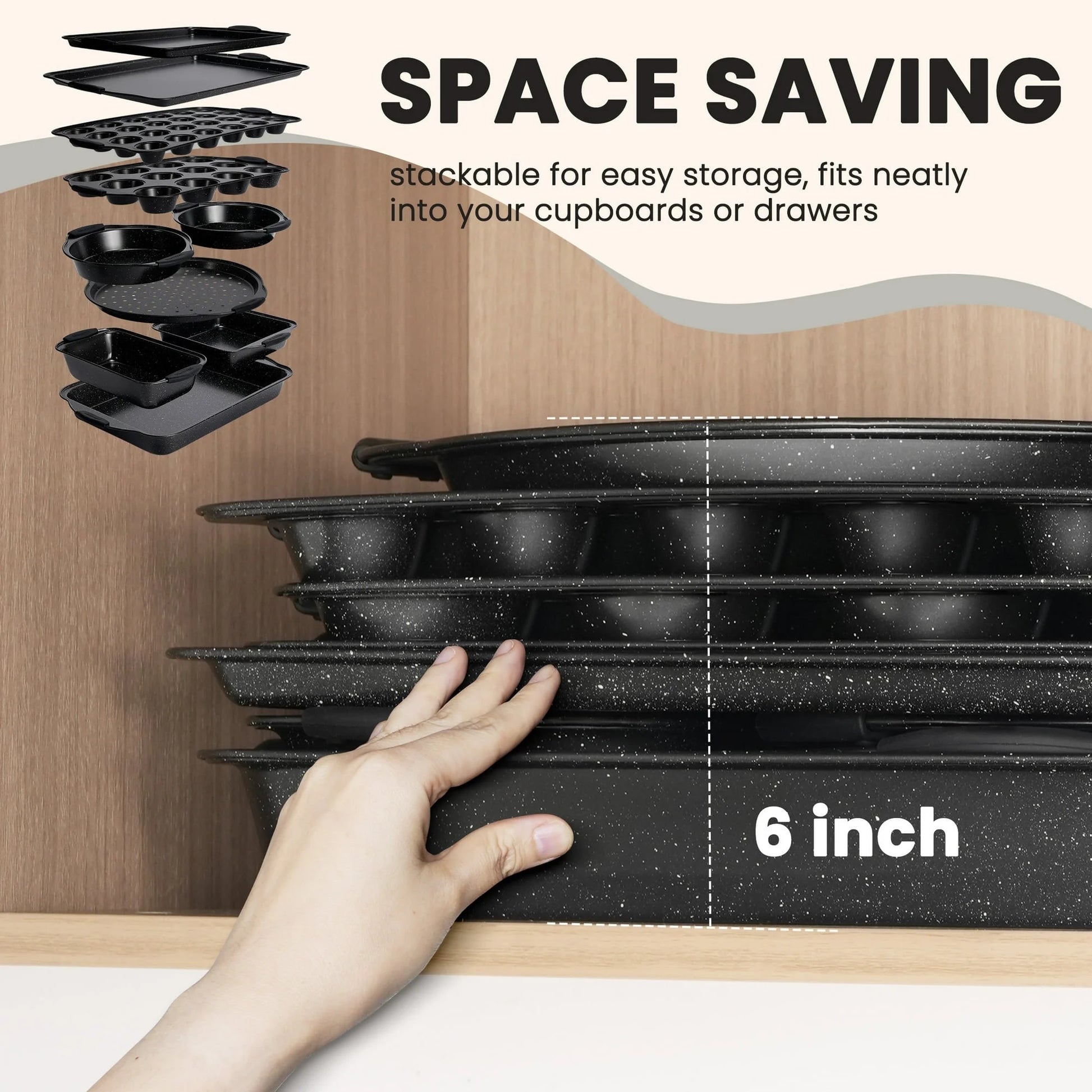 Nonstick Bakeware Set, 21-Piece Durable Carbon Steel Baking Pans with Silicone Handles, Cookie Sheets (Black)