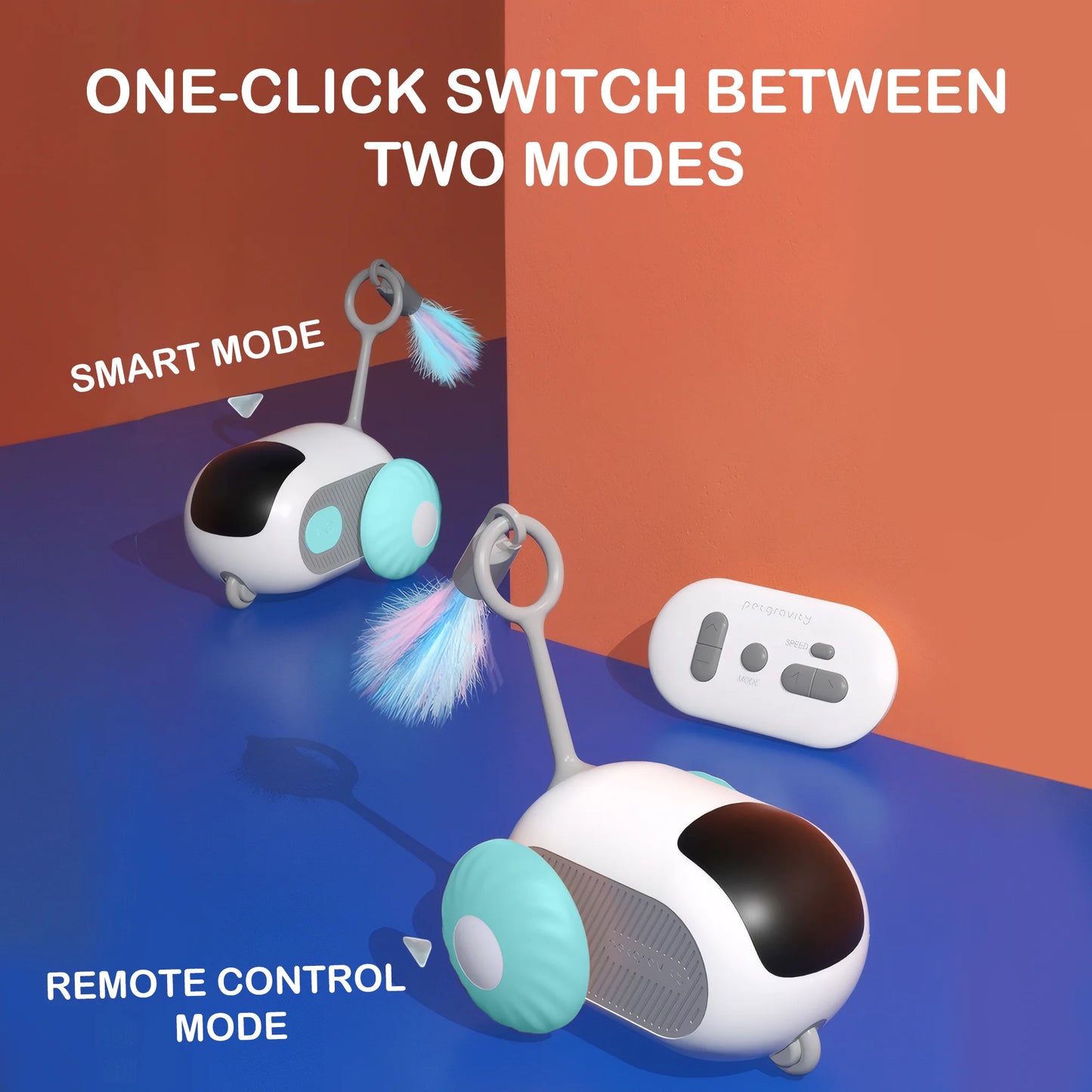 Smart Interactive Cat Toy for Indoor Use - Rechargeable Remote-Controlled Automatic Movement with Feathers, Blue, 2-Speed Settings