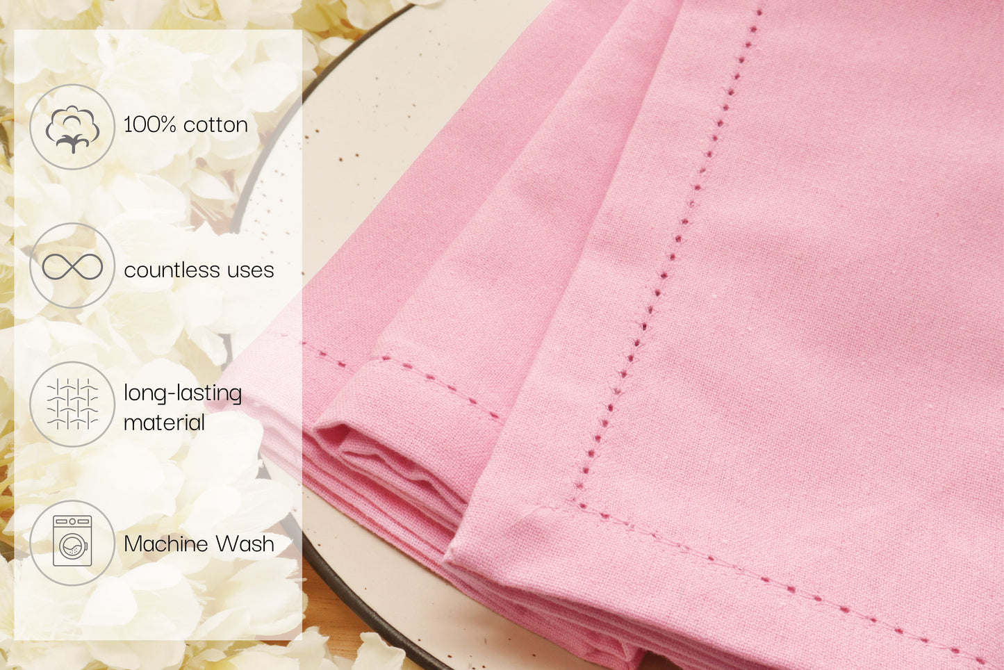 Hemstitch Cloth Napkins Set of 10, 18X18 Inches, Dinner Table Decorative - Blush Pink