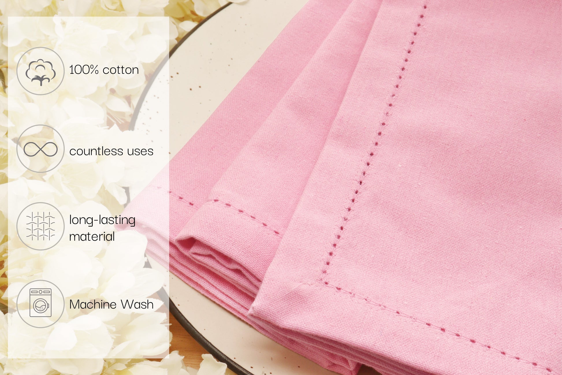 Hemstitch Cloth Napkins Set of 10, 18X18 Inches, Dinner Table Decorative - Blush Pink