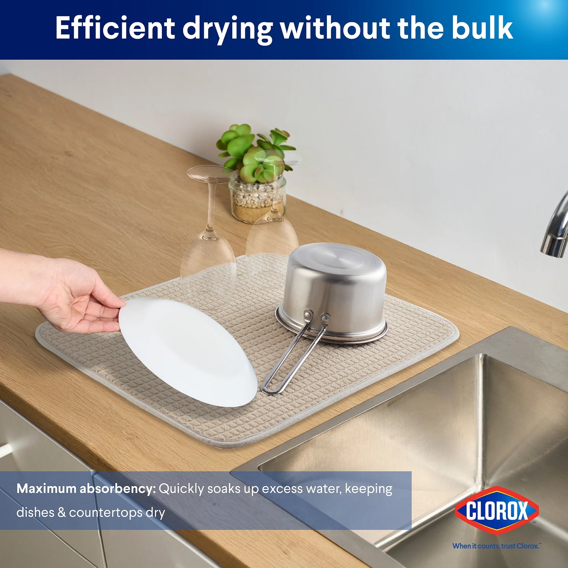 Dish Drying Mat, Absorbent Microfiber, 50% Recycled for Kitchen, 15" X 20" Beige Tan