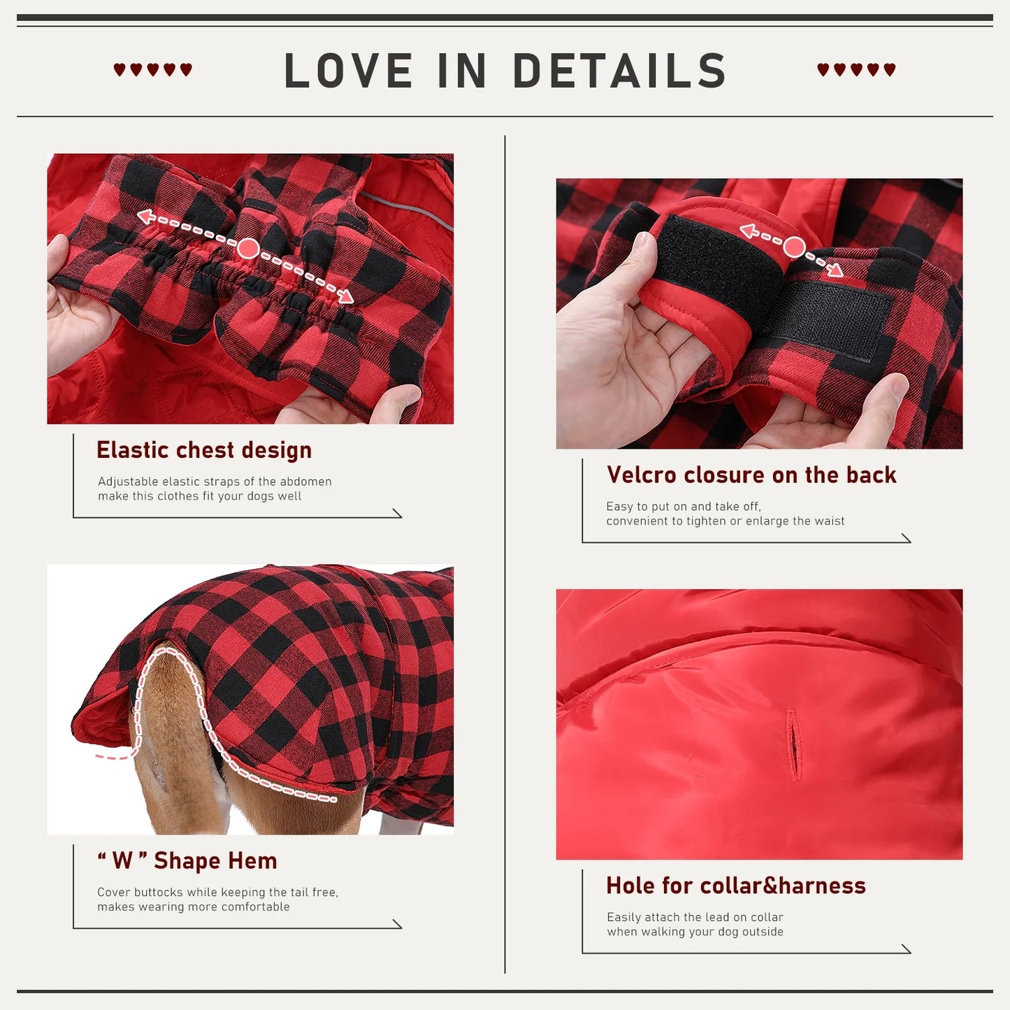 Reversible Plaid Winter Coat for Dogs – Warm Cold Weather Jacket (Sizes XS-3XL) in Red