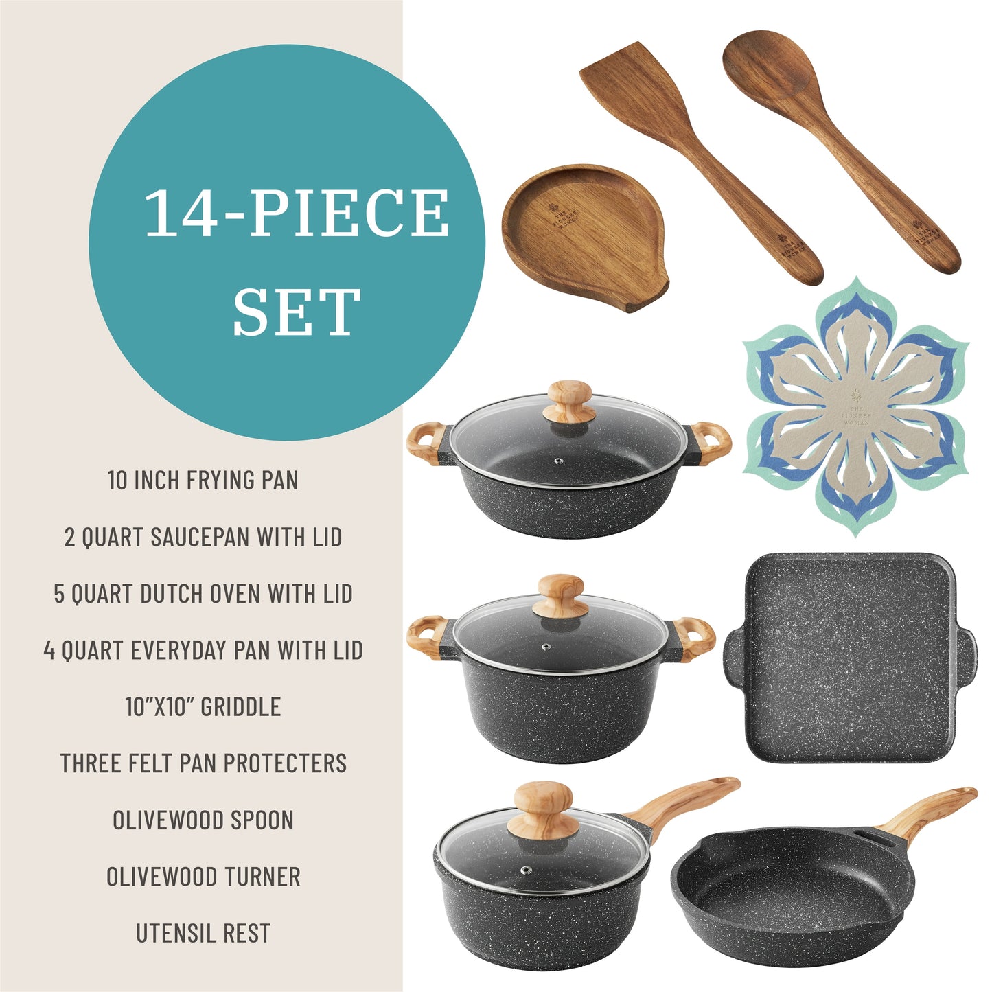Prairie Signature 14-Piece Cast Aluminum Cookware Set, Charcoal Speckle