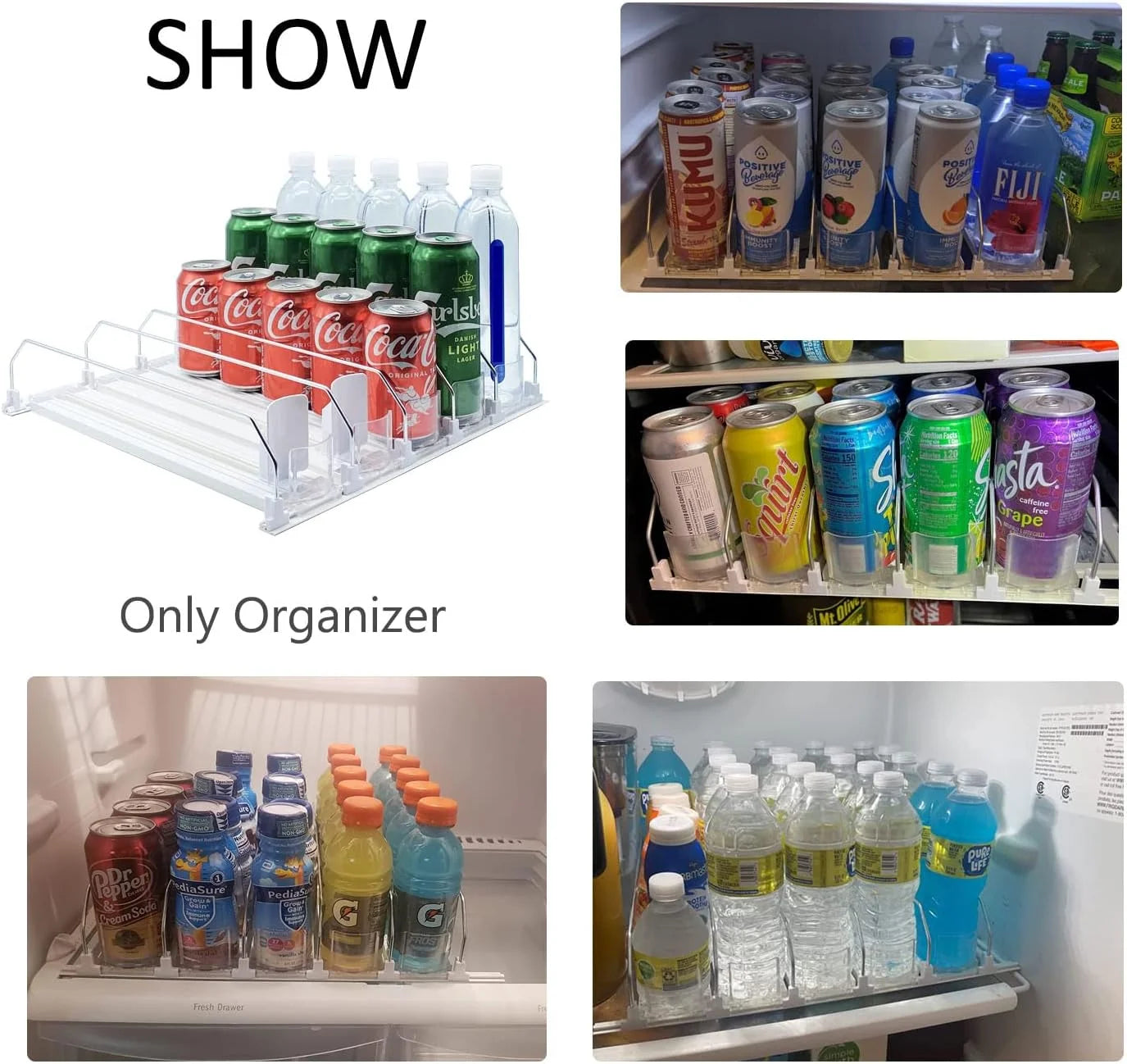 Drink Organizer for Fridge, Fridge Organizer Automatic Pusher Glide Width Storage 25 Cans (White)