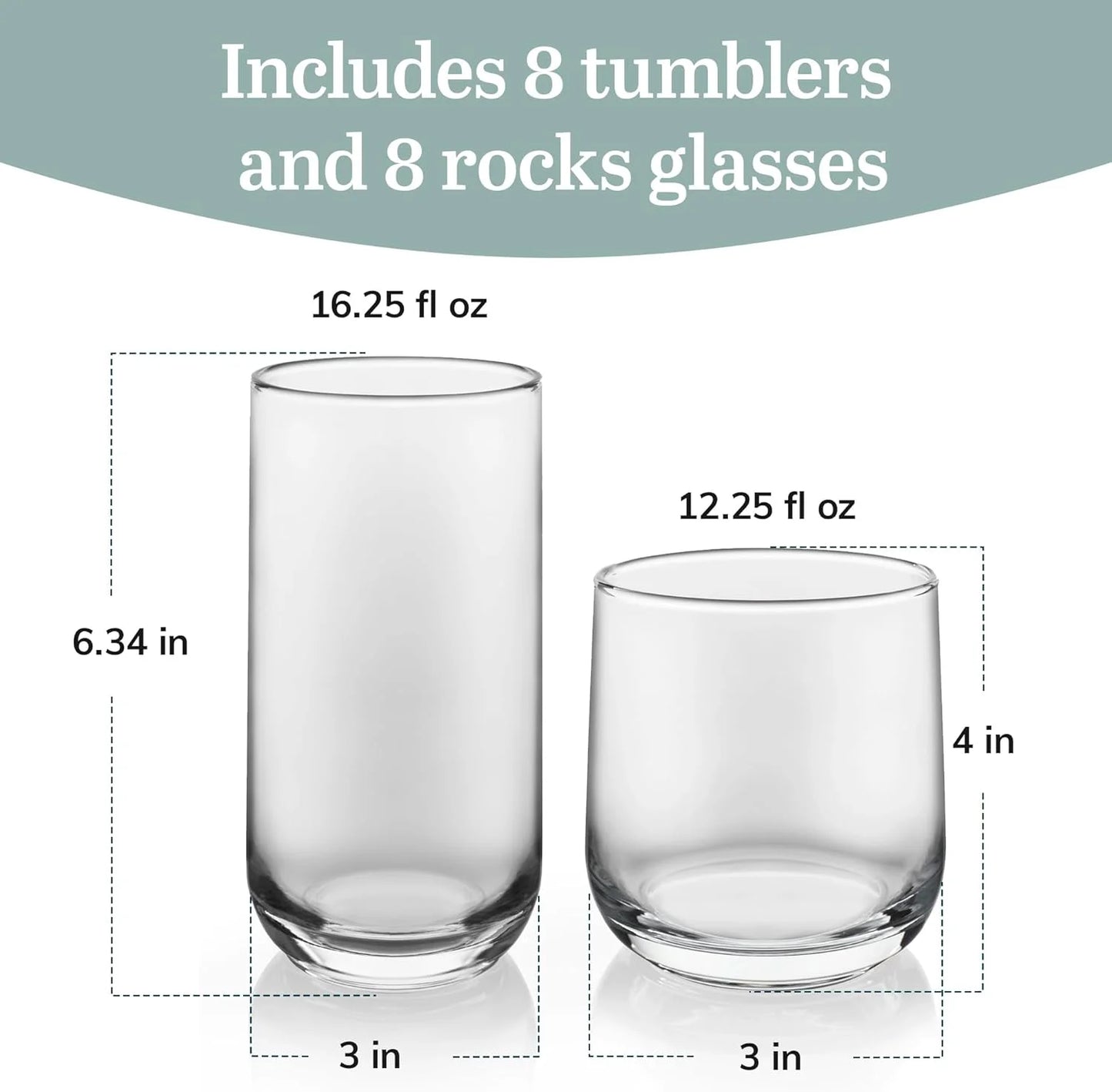 Glass and Rocks Glassware Set, Stylish Lead-Free Glassware 16-Piece Set, Versatile Dishwasher Safe Kitchen Glassware Set for Parties