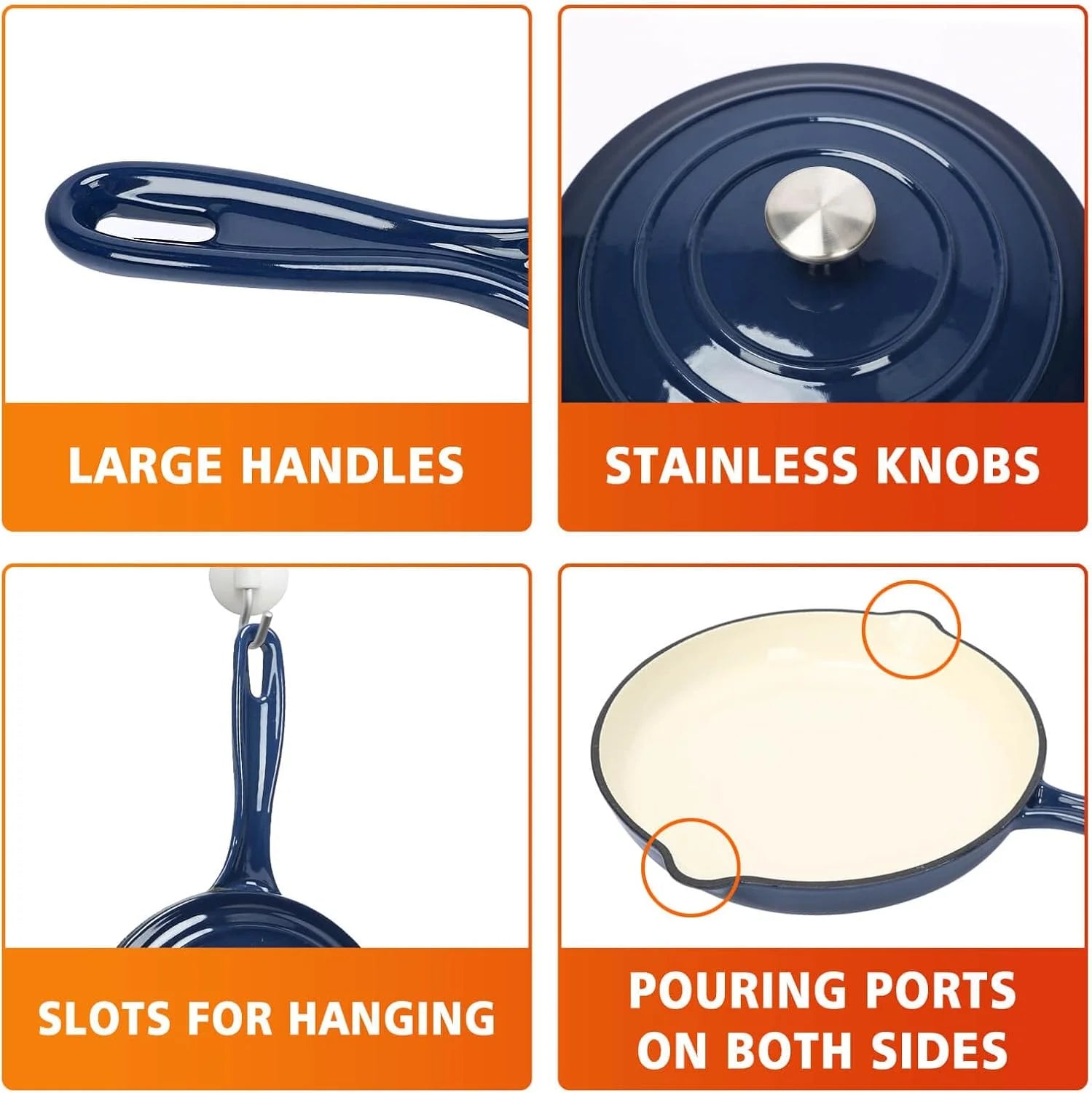 Enameled Cast Iron Cookware Set, 7 Piece Set of Dutch Ovens, Sauce Pan, Skillet, 3 Lids, Dutch Oven Set, Nonstick Ceramic Coated, Gas/Induction Compatible, PFA Free, Come with Organizer, Navy