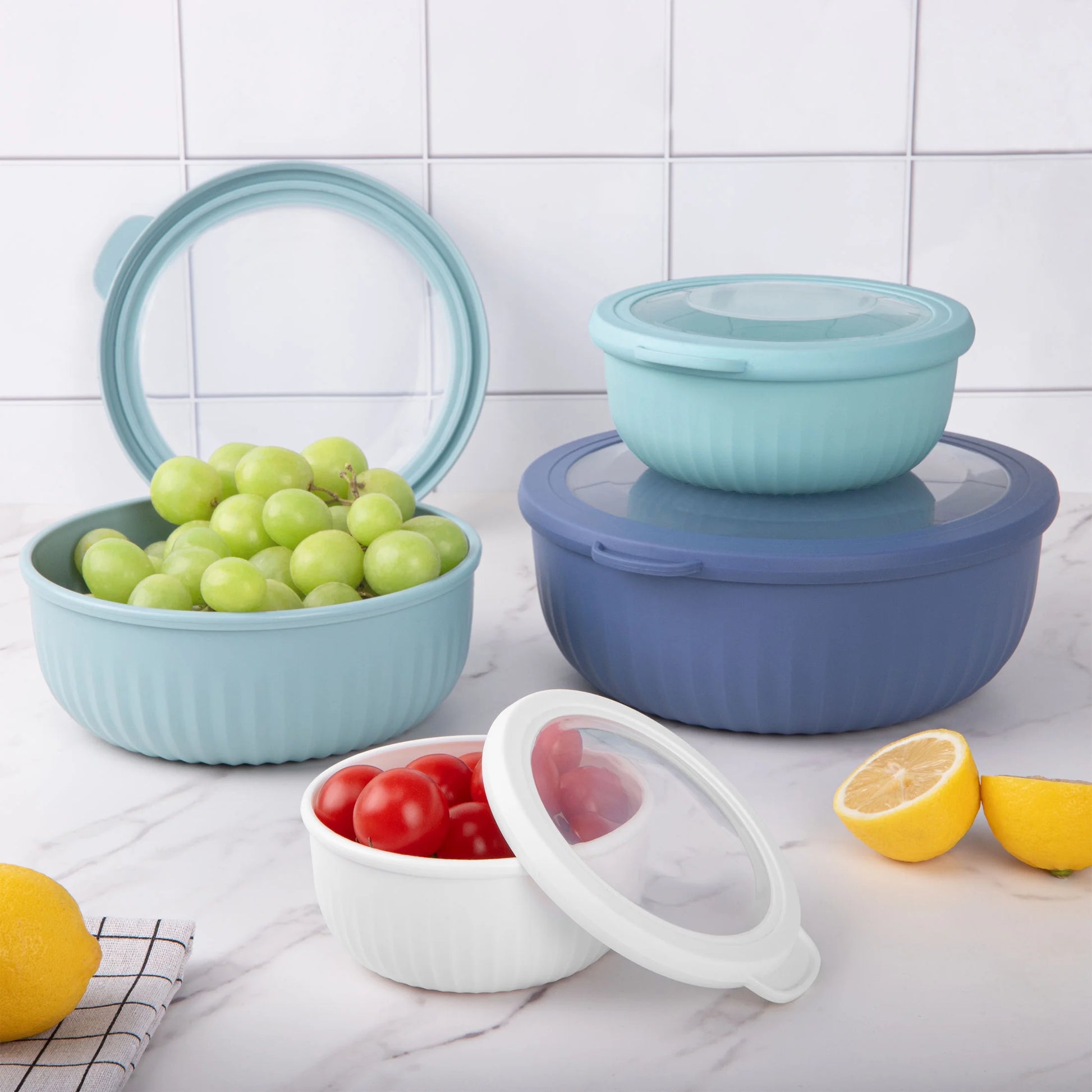 8-Piece Plastic Mixing Bowl Set with Lids - Nesting Design for Space-Saving Storage, Ideal for Cooking, Baking, and Meal Prep, Dishwasher Safe, Blue