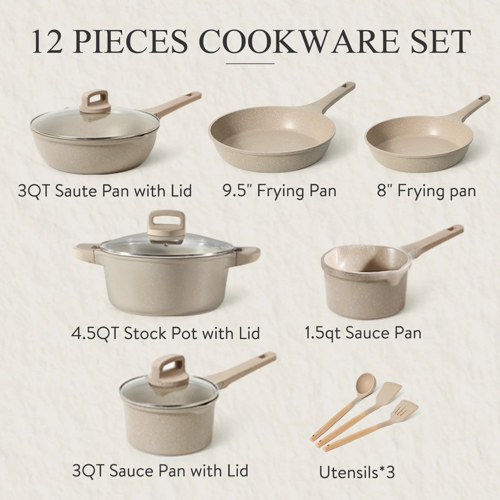Nonstick Cookware Set 13-Piece,Kitchen Pots and Pans Set,Stay-Cool Handles,Induction Compatible,Cookware Set for RV and Camping,Taupe
