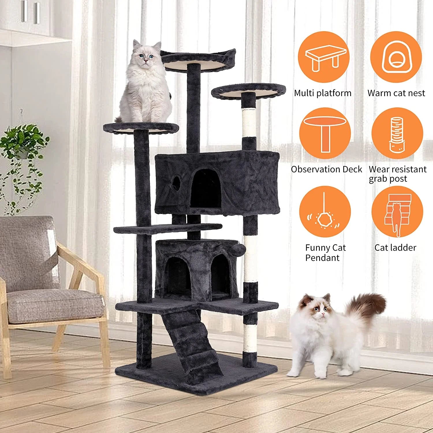 54-Inch Cat Tree Tower with Scratch Posts, Condo, and Toys in Dark Gray - Ideal for Active Cats