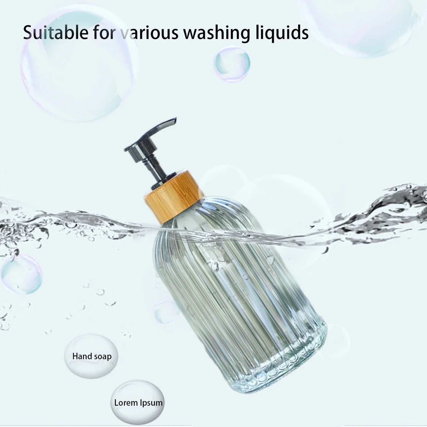 Vertical Glass Soap Dispenser Set, for Bathroom and Kitchen Use, Hand Soap and Dishwashing Liquid, 14 Ounce Capacity.