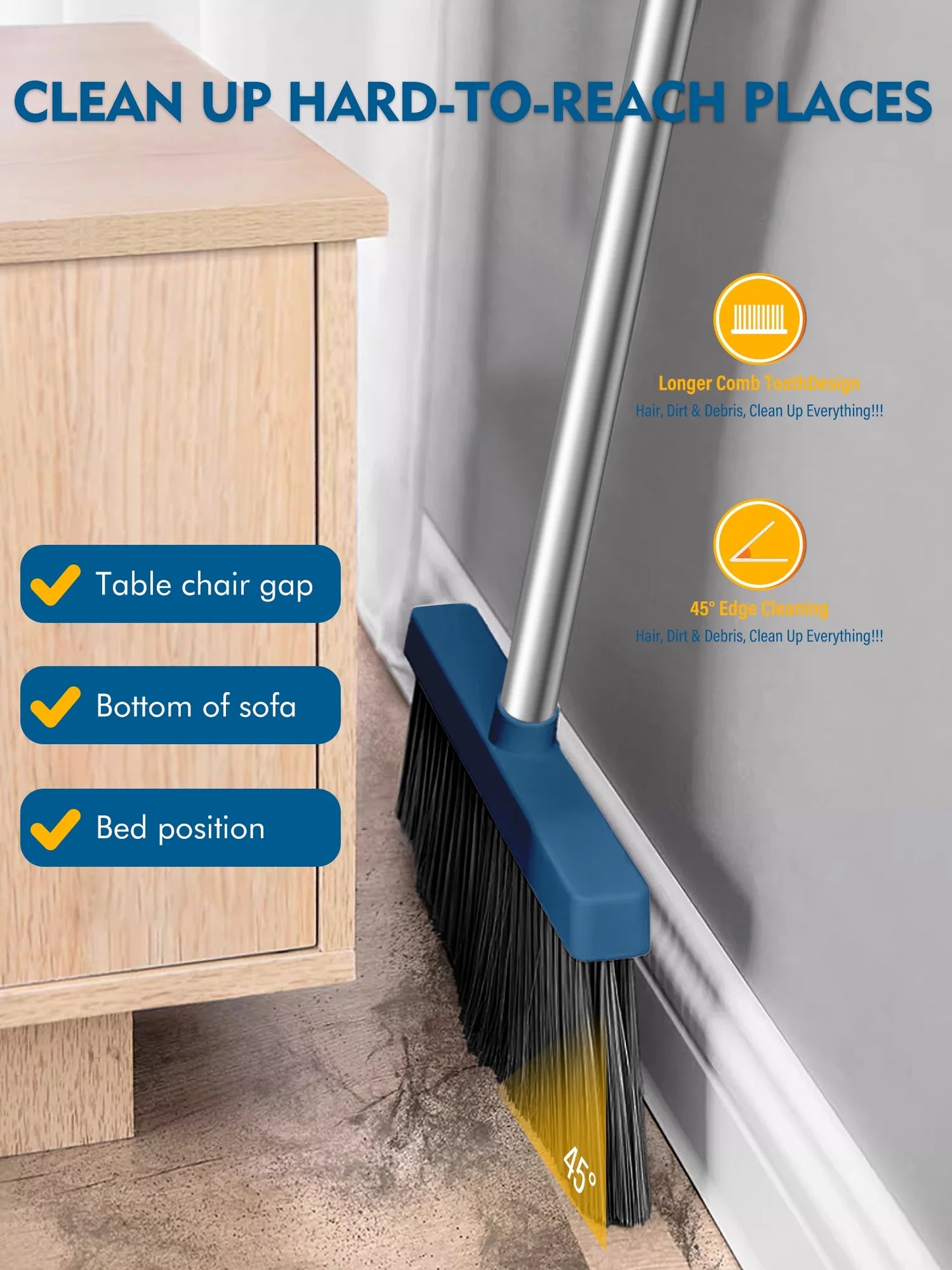 Upgrade Broom and Dustpan Set for Home,Self-Cleaning with Dustpan Teeth,51.2In,Stand Up,Blue