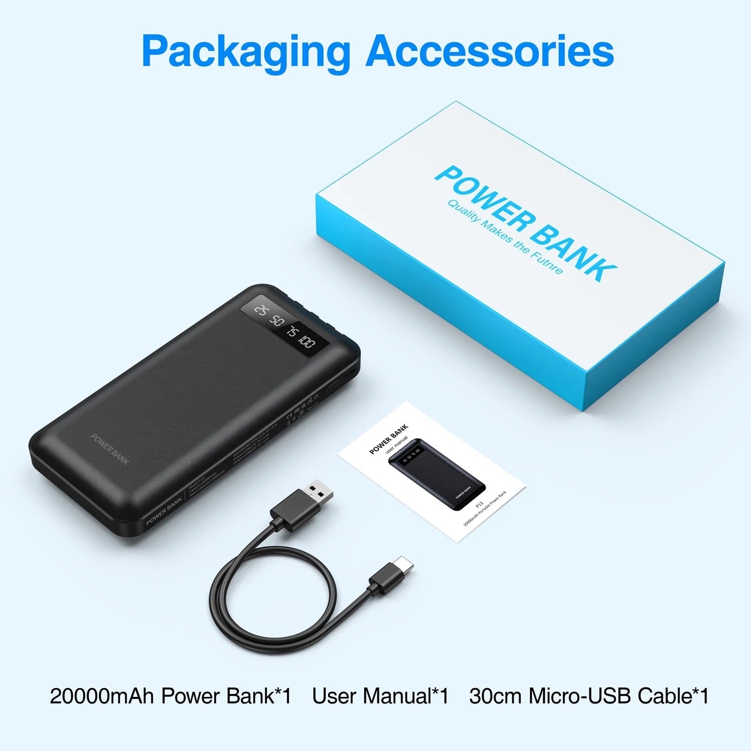 20,000mAh Portable Power Bank with Cables, USB Battery Pack Compatible with iPhone and Android Devices