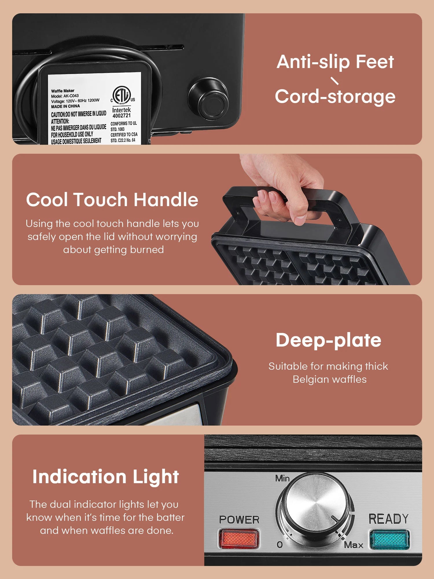 4-Waffle Electric Belgian Waffle Maker, Black Stainless Steel