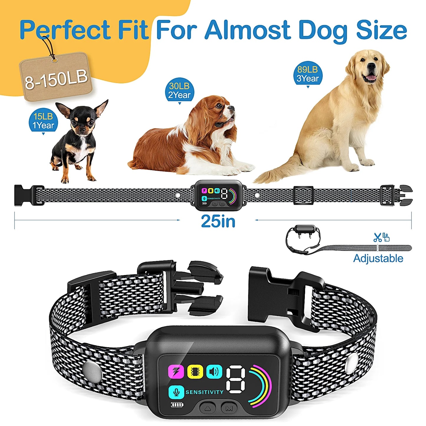 Rechargeable Smart Bark Collar Set for Dogs - 2 Pack Adjustable Anti-Barking Training Collars with 8 Sensitivity Levels and Beep Function