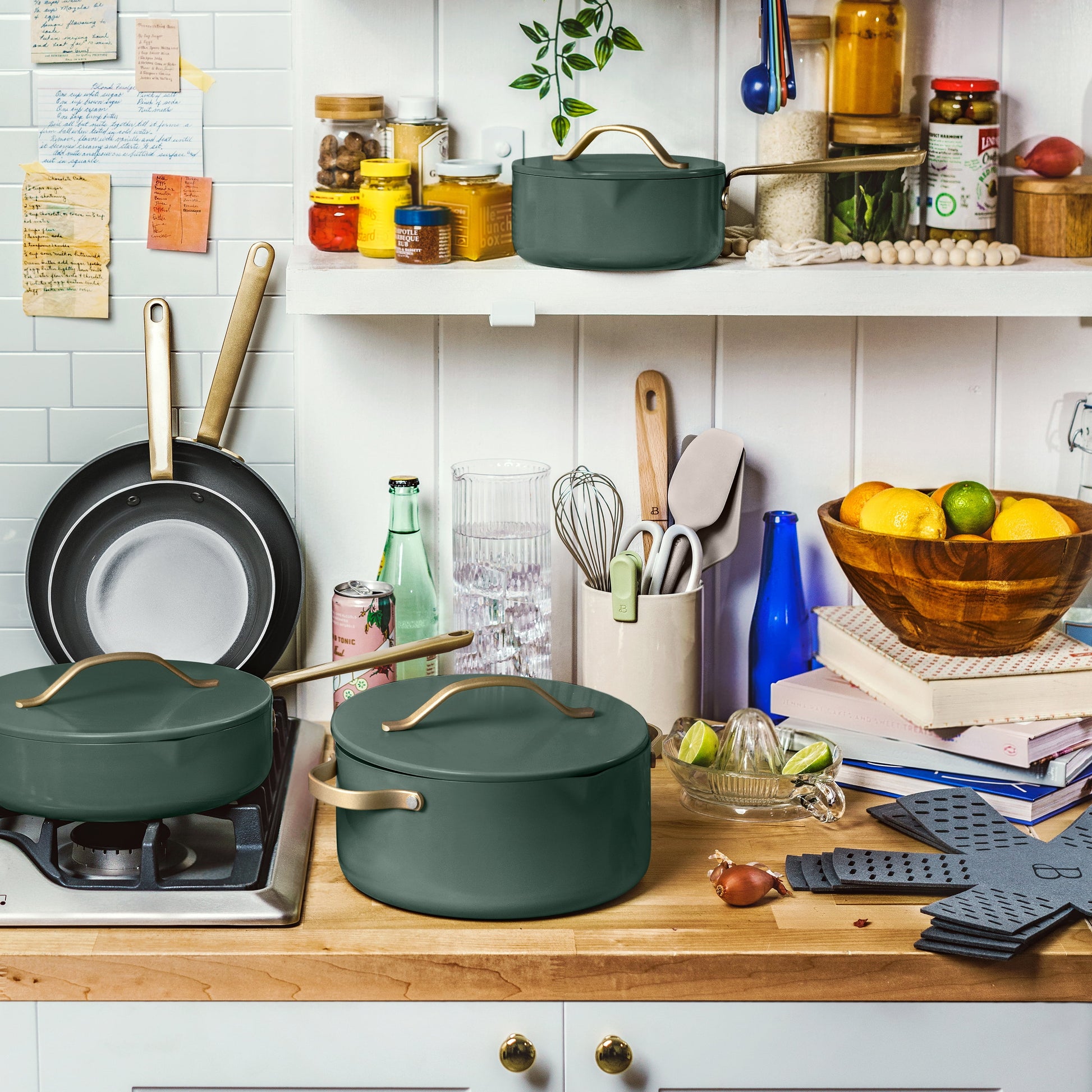 12Pc Ceramic Non-Stick Cookware Set, Pots and Pans with Strainer Lids, Thyme Green by Drew Barrymore