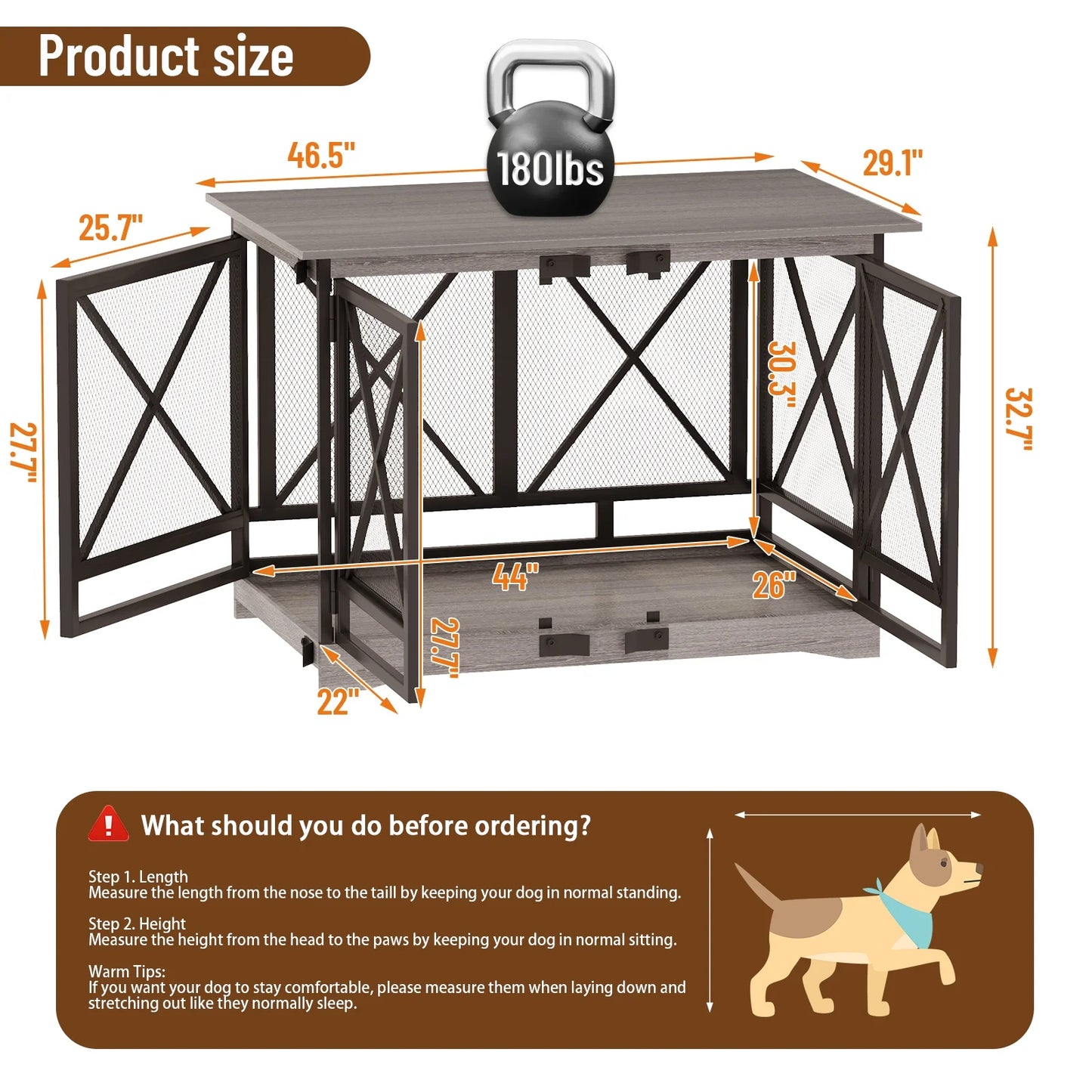 48-Inch Extra-Large Wooden Dog Crate with Double Doors, Indoor Kennel and End Table, Anti-Chew and Anti-Escape Design, Gray