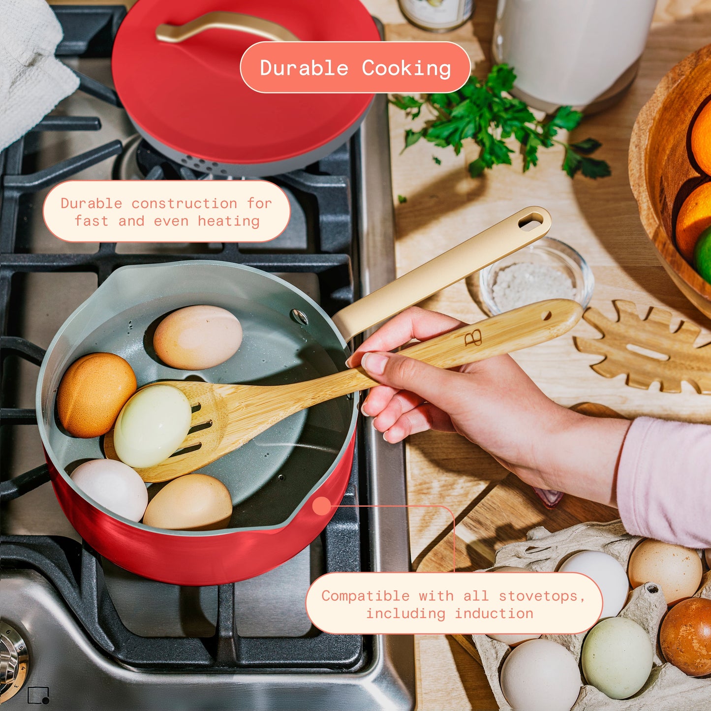 12-Piece Ceramic Nonstick Cookware Set with Strainer Lids in Tomato Red by Drew Barrymore