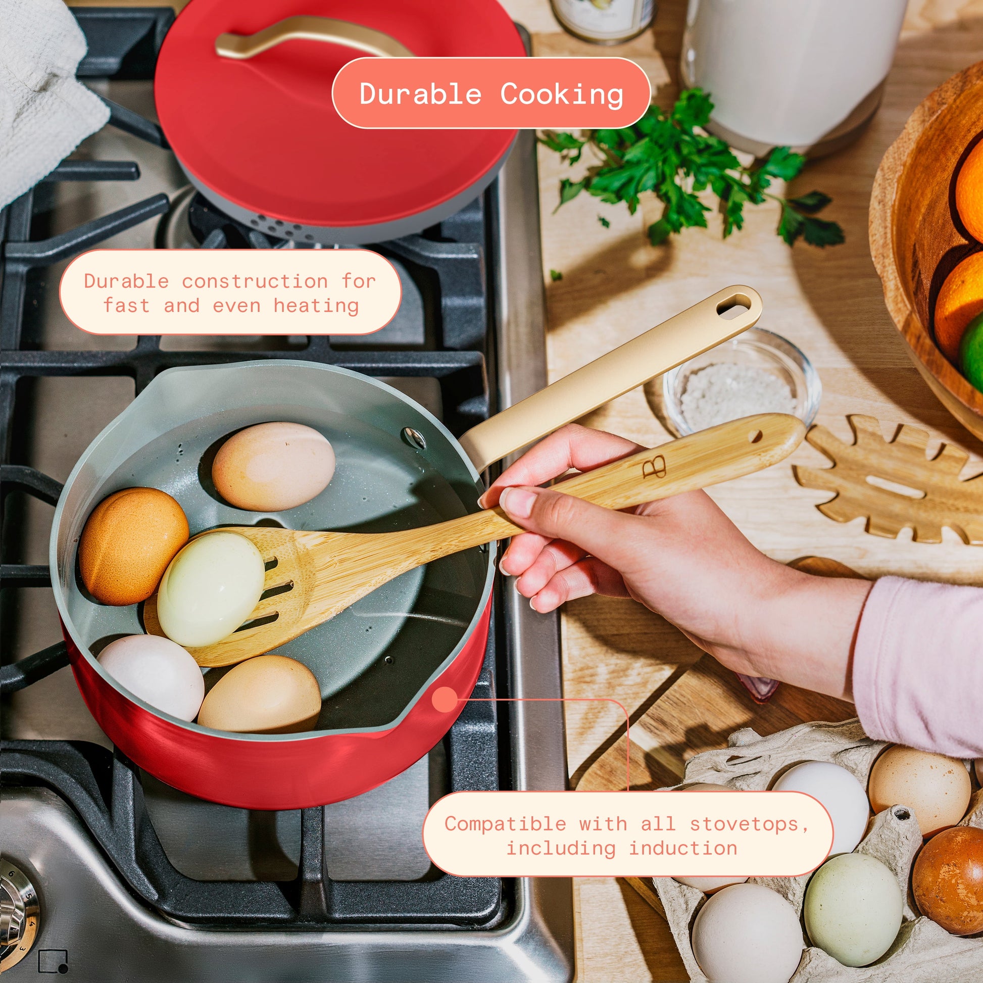 12-Piece Ceramic Nonstick Cookware Set with Strainer Lids in Tomato Red by Drew Barrymore