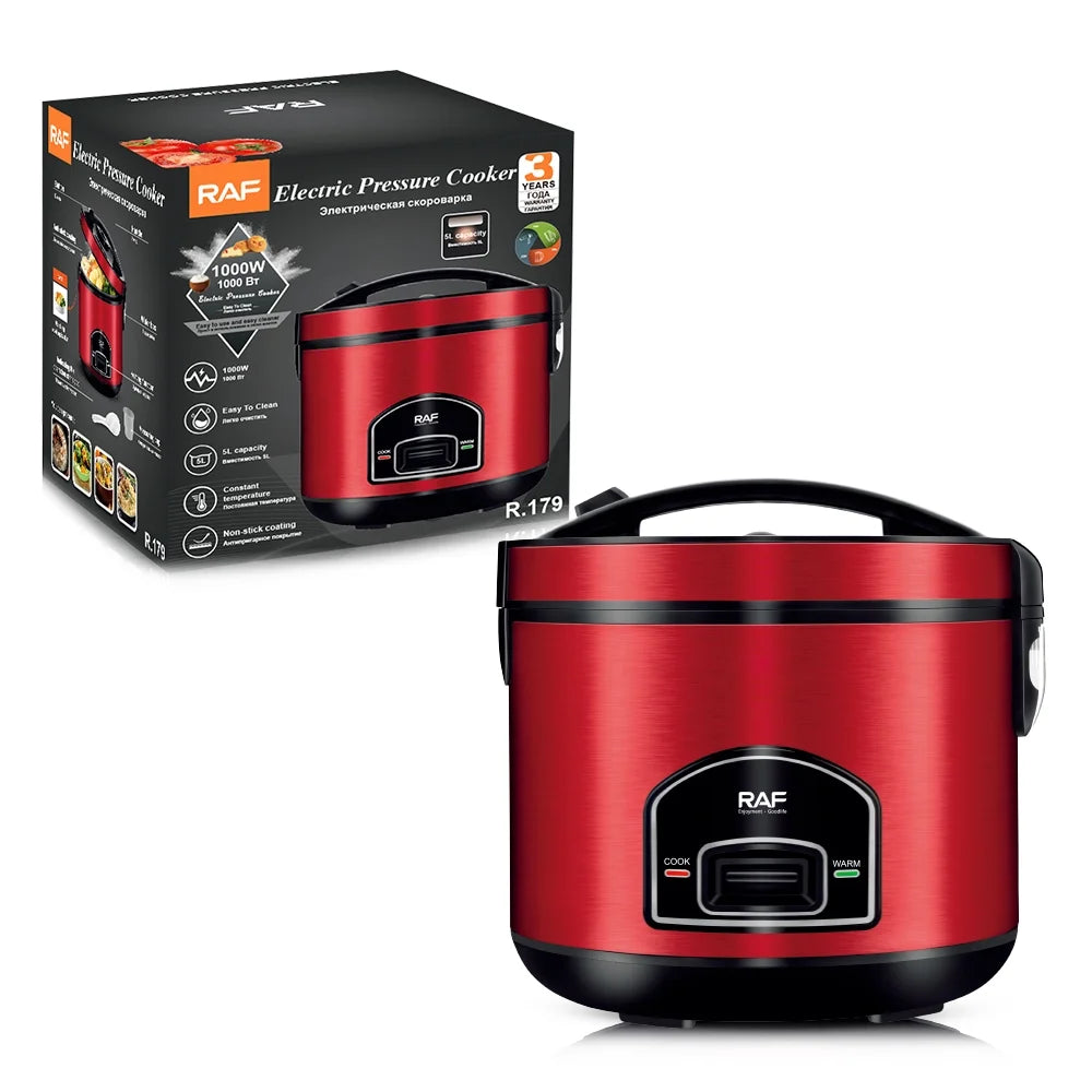 Electric Pressure Cooker and Rice Cooker 5L with Non-Stick Pot, 1000W Fast Heating Multi-Cooker, Easy-To-Clean, Red