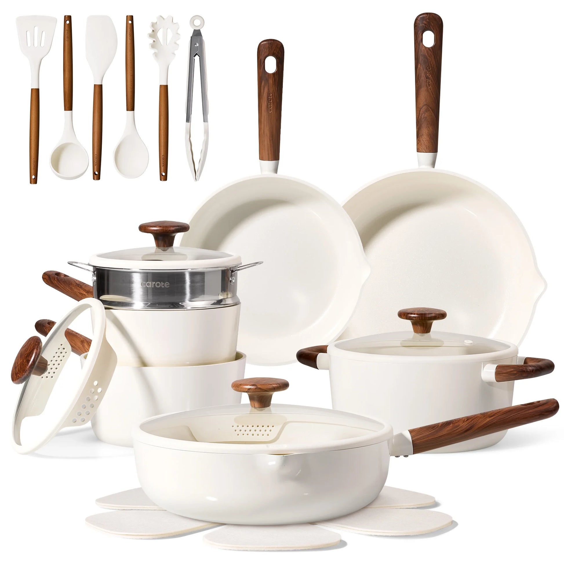 22-Piece Ceramic Nonstick Cookware Set with Steamer, Induction Compatible, White