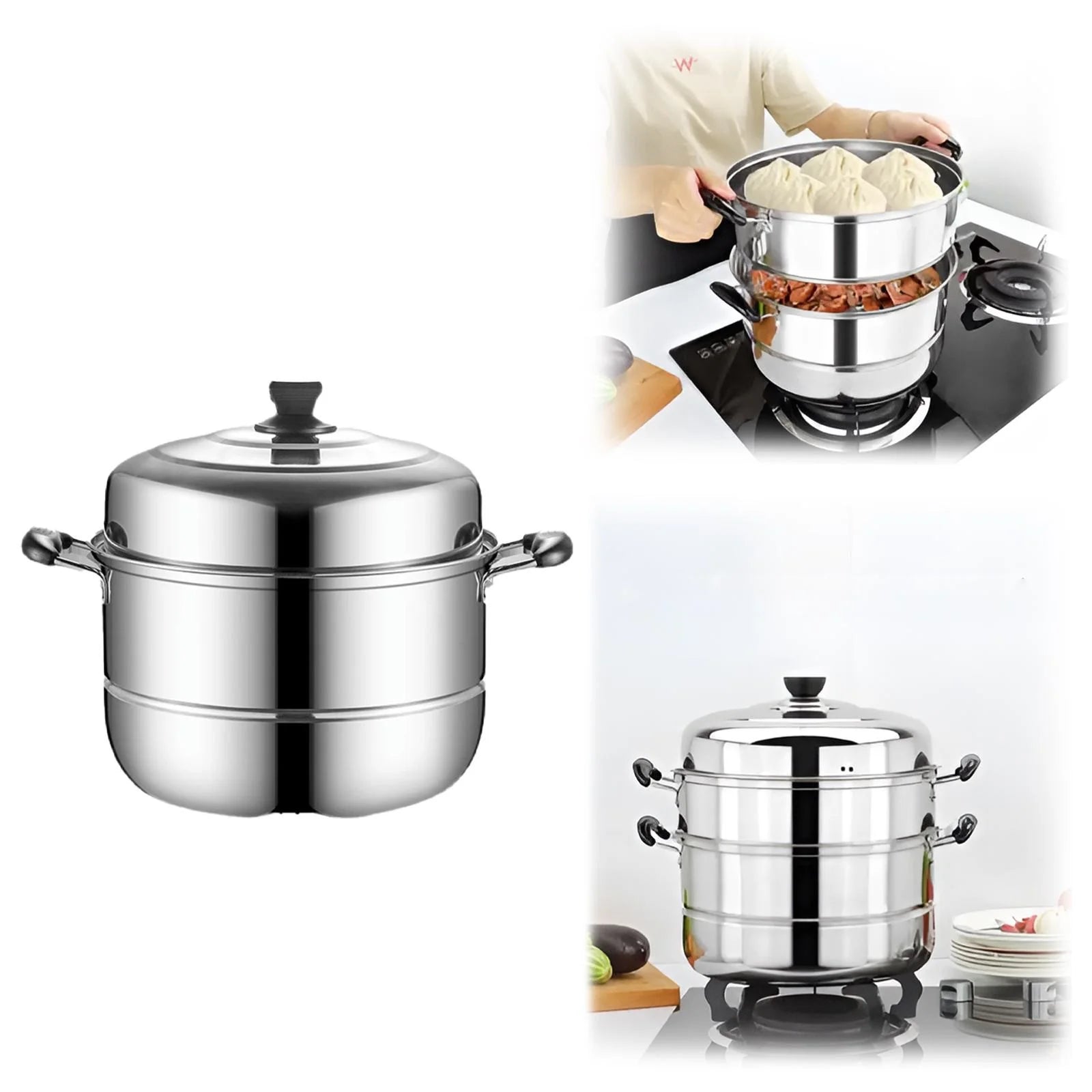 Food Steamer Steamer Pot Dumpling Steamer 11Inch Thickened Stainless Double Layer Steaming Pot for Cooking Steamer Pot Multipurpose Stainless Steel Steaming Pot Cookware with Handle Cooking Utensils