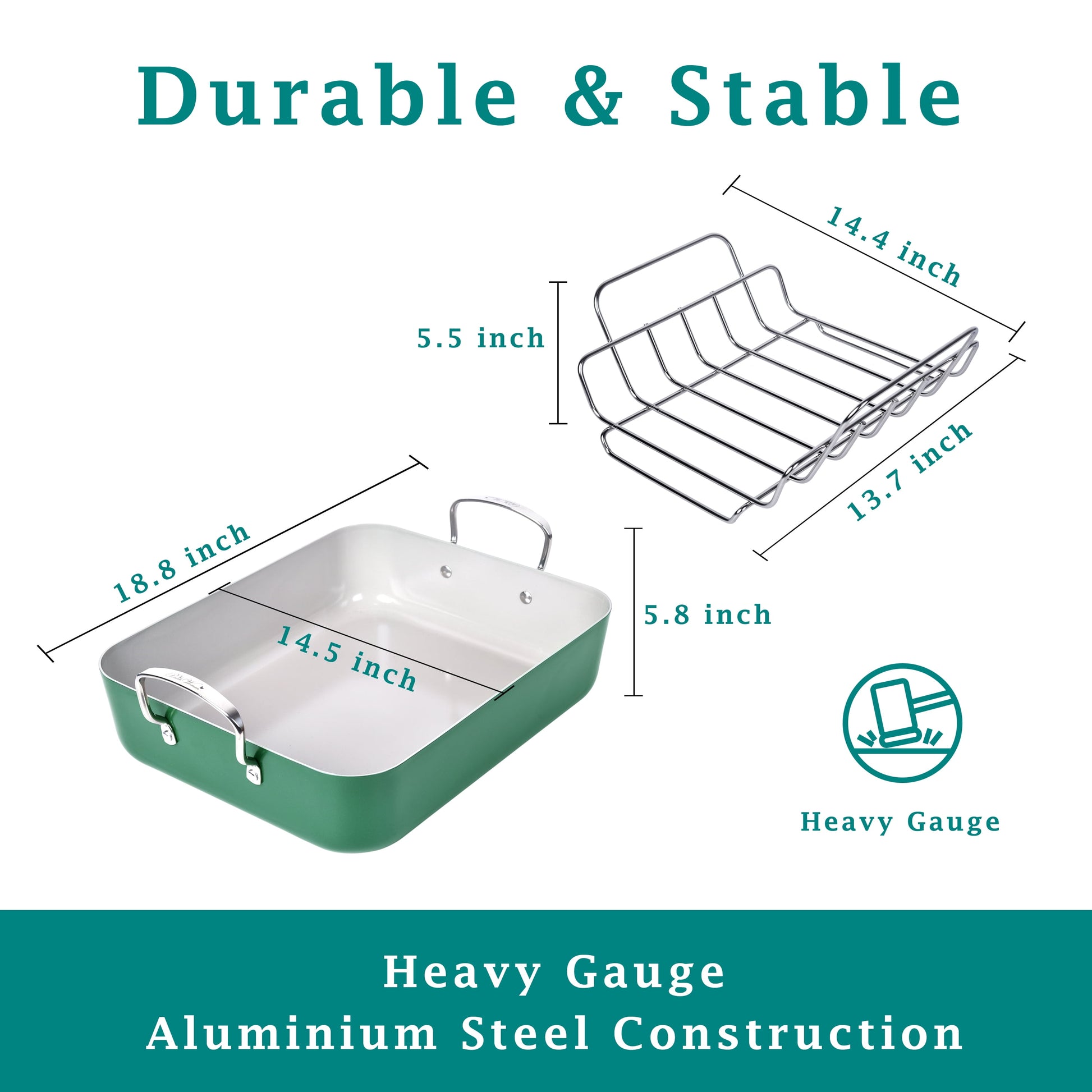 Size 18.8" Aluminum Non Stick Roaster with Stainless Steel Rack, Green