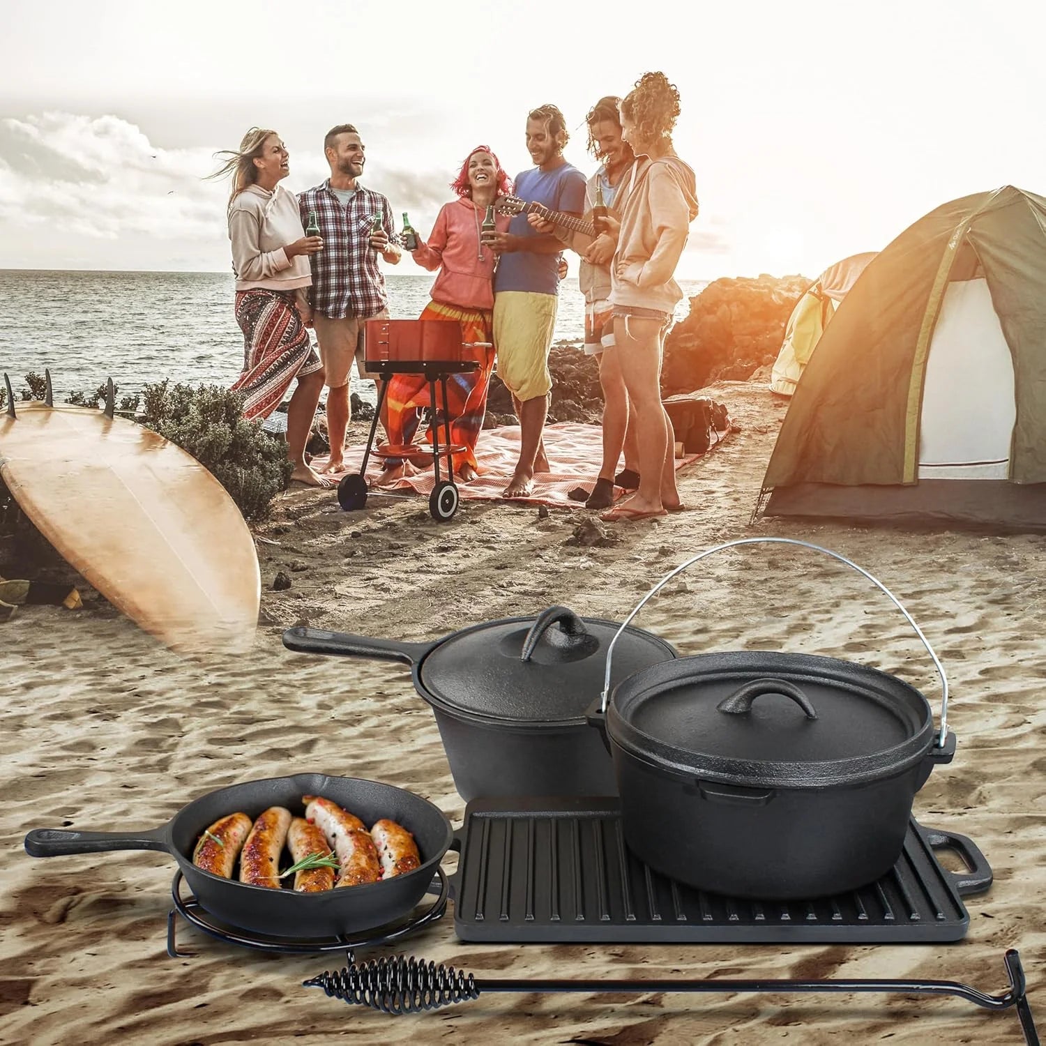 Pre-Seasoned Dutch Oven Camping Cooking Set Cookware - Cast Iron Griddle, 4Qt Dutch Oven, Griddle Pan, Frying Pan, Pre-Seasoned Cast Iron Camping Cooking Set with Storage